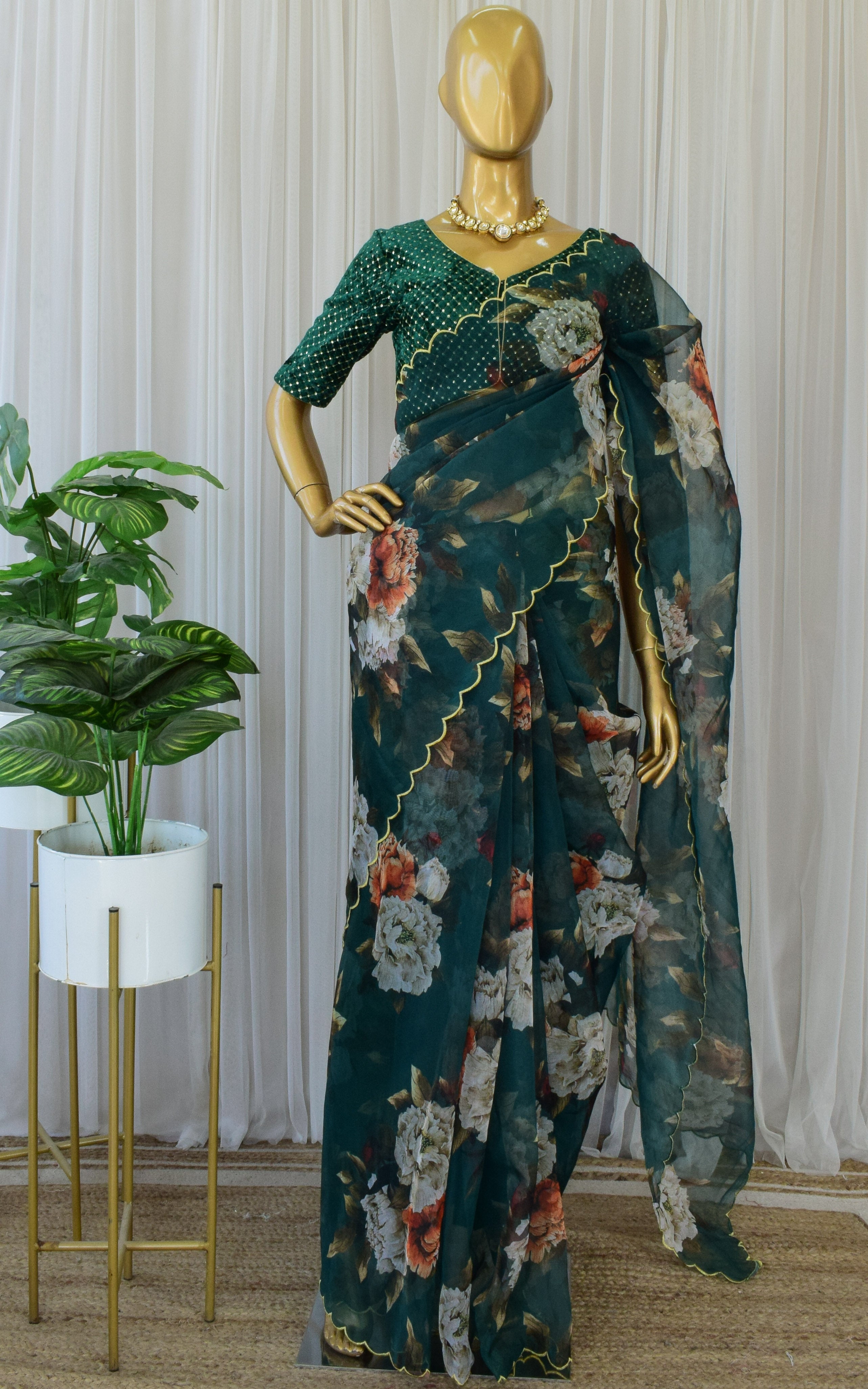 Bottle Green Floral Organza Saree With Velvet Blouse