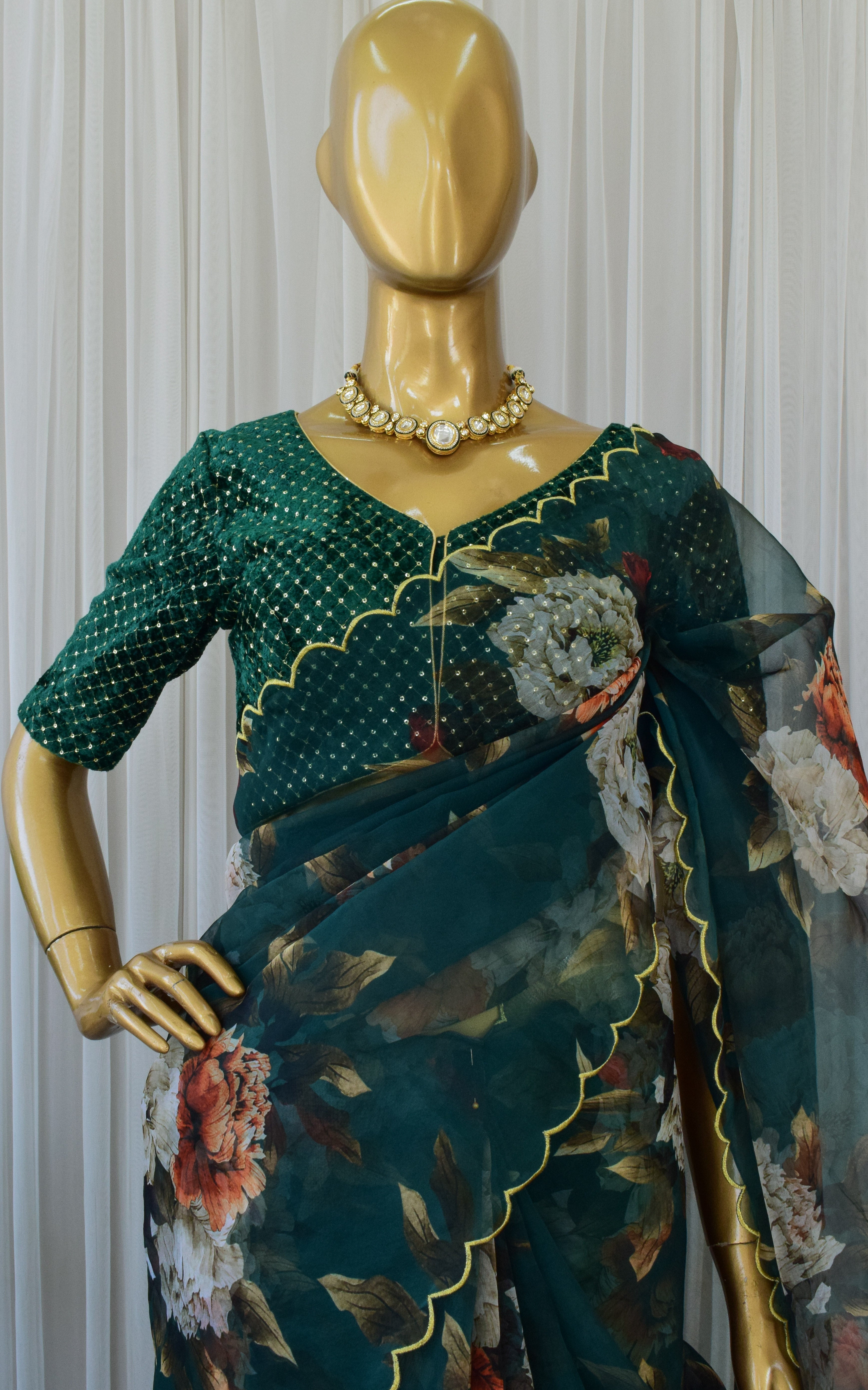 Bottle Green Floral Organza Saree With Velvet Blouse