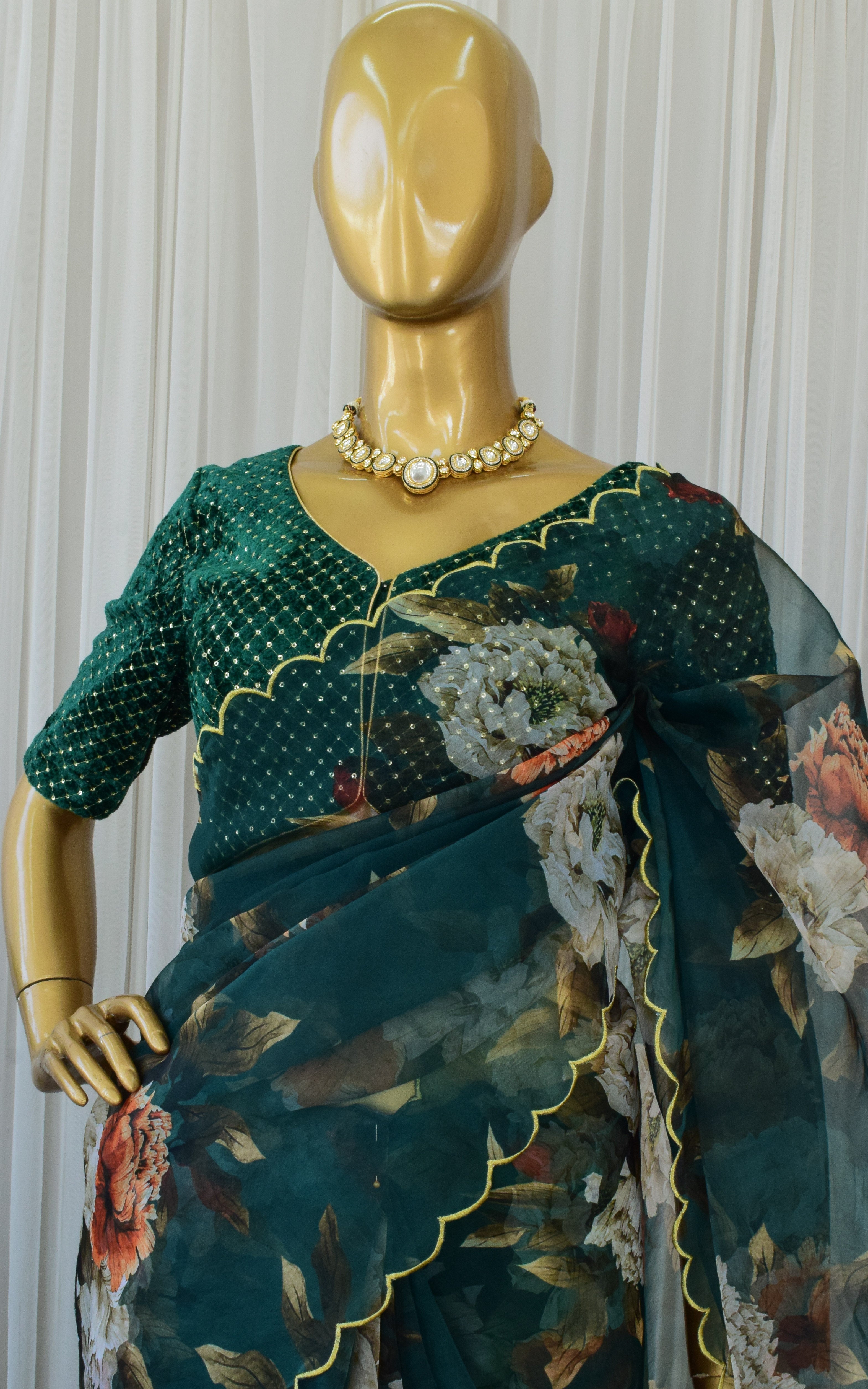 Bottle Green Floral Organza Saree With Velvet Blouse