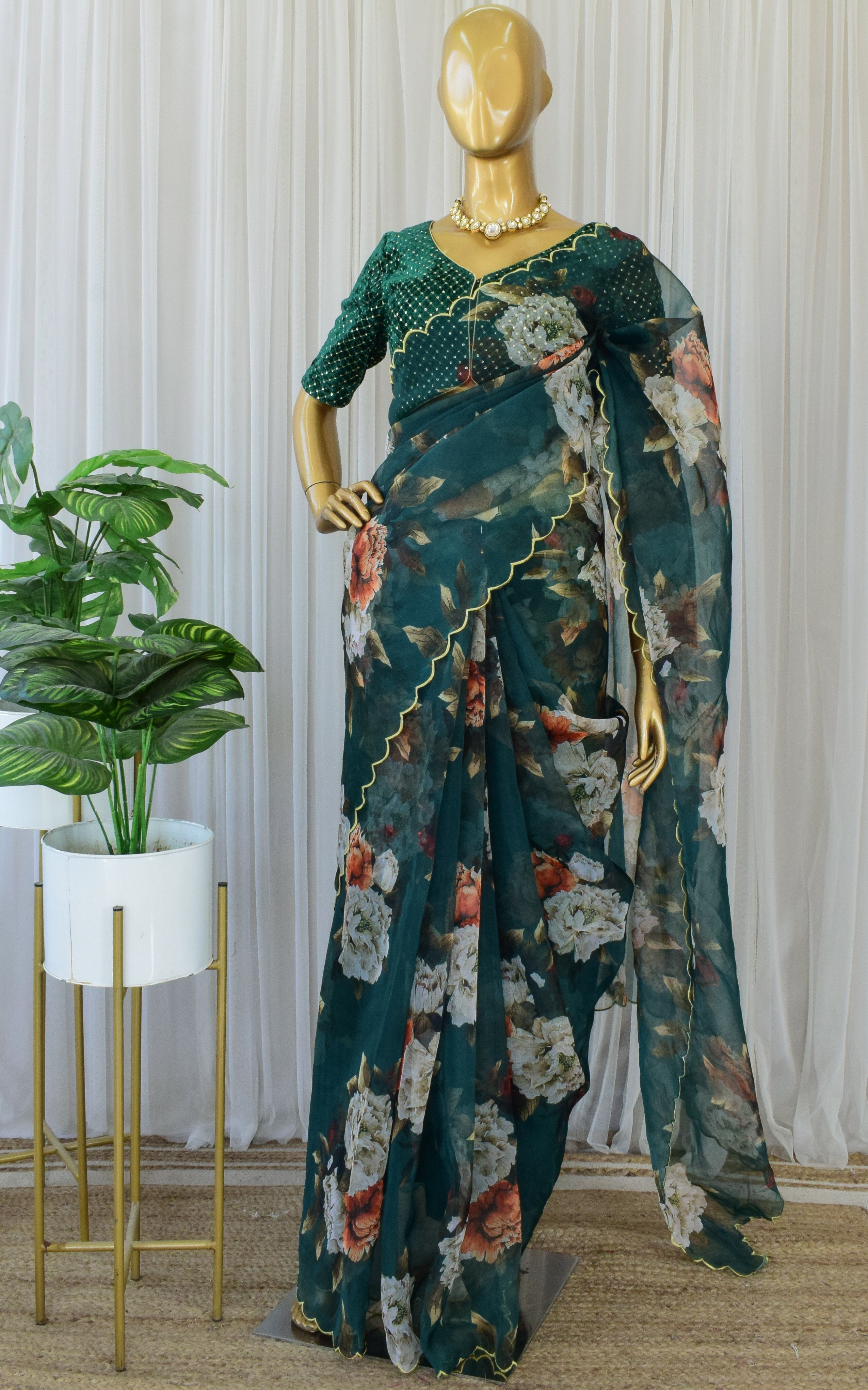 Bottle Green Floral Organza Saree With Velvet Blouse