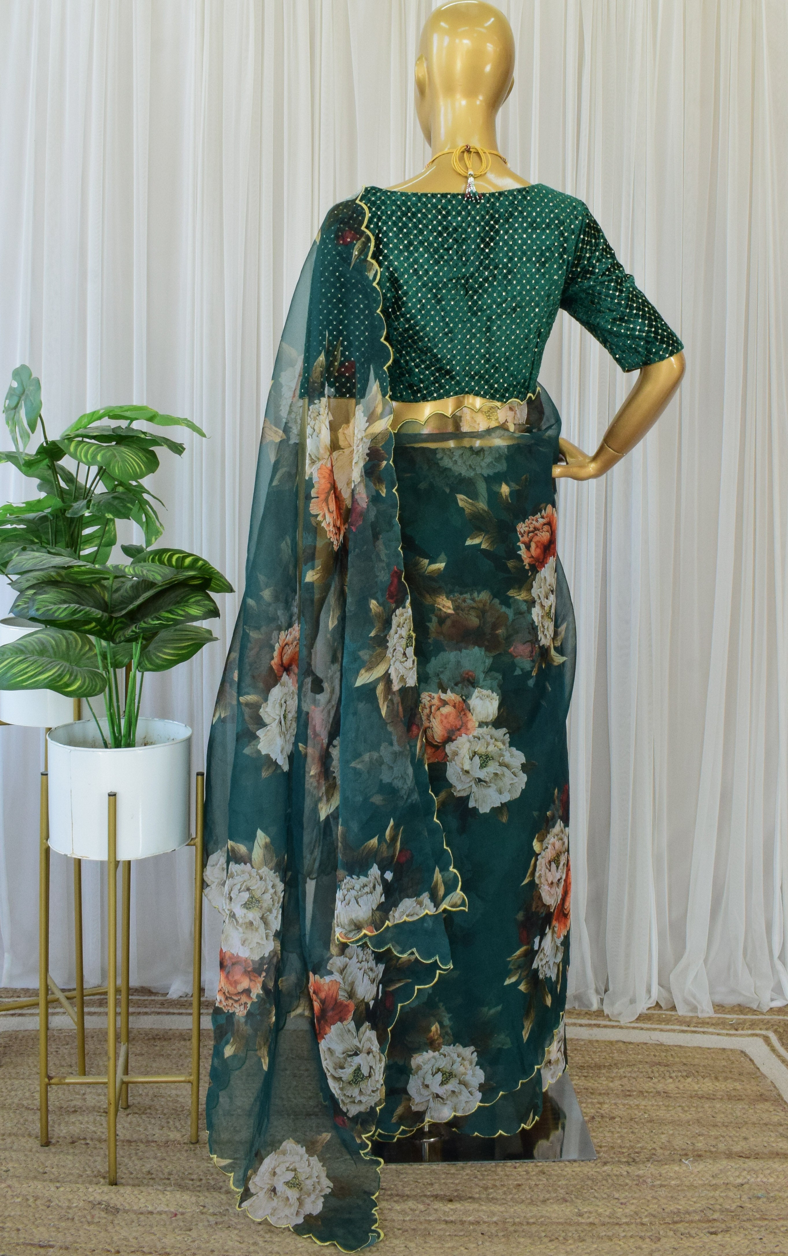 Bottle Green Floral Organza Saree With Velvet Blouse