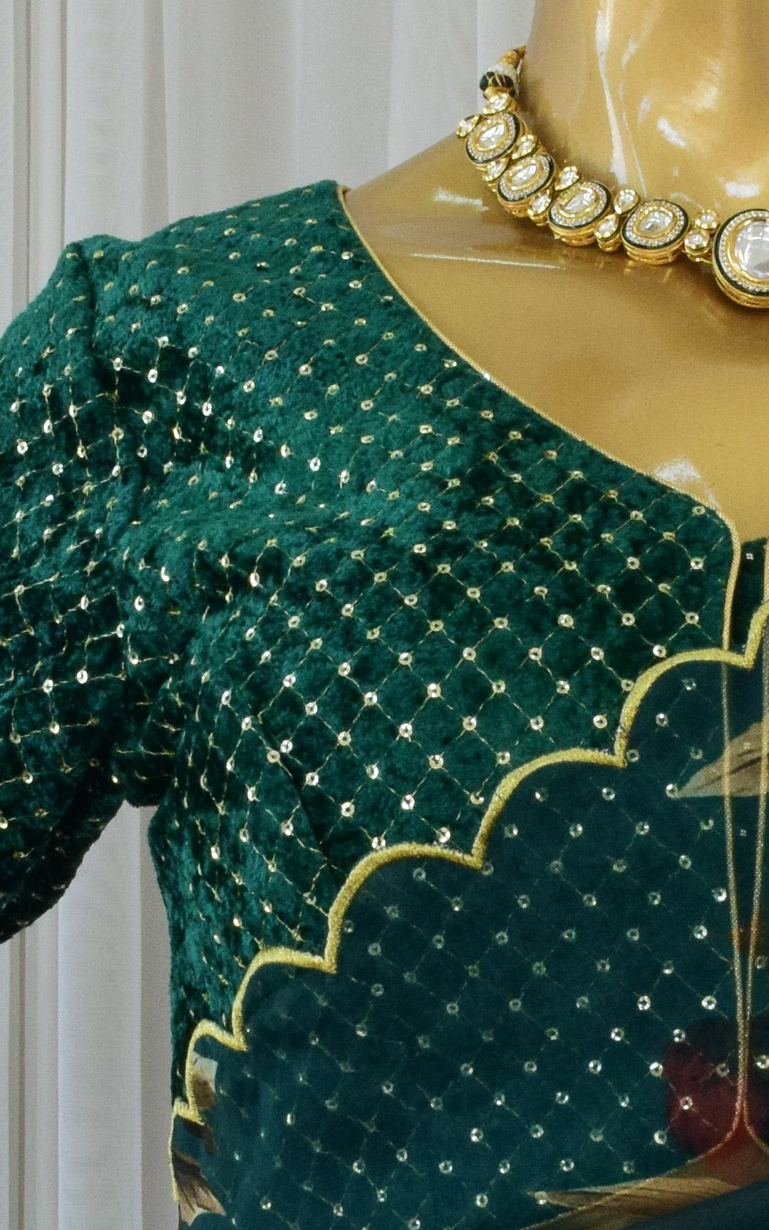 Bottle Green Floral Organza Saree With Velvet Blouse