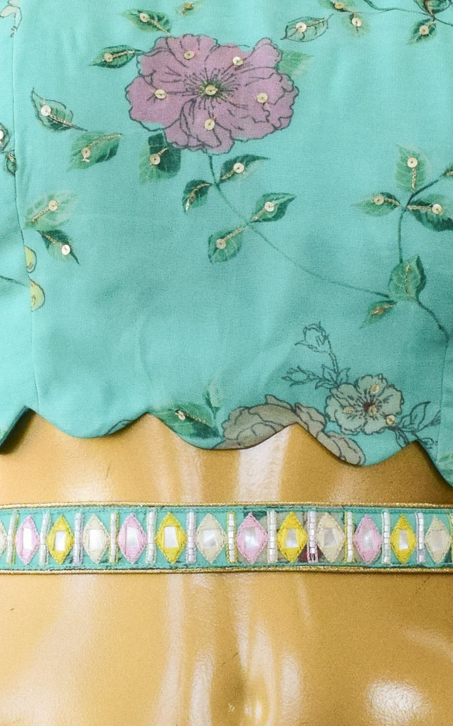 Sea Green Georgette Printed Georgette Crop Top, Jacket & Sharara Set