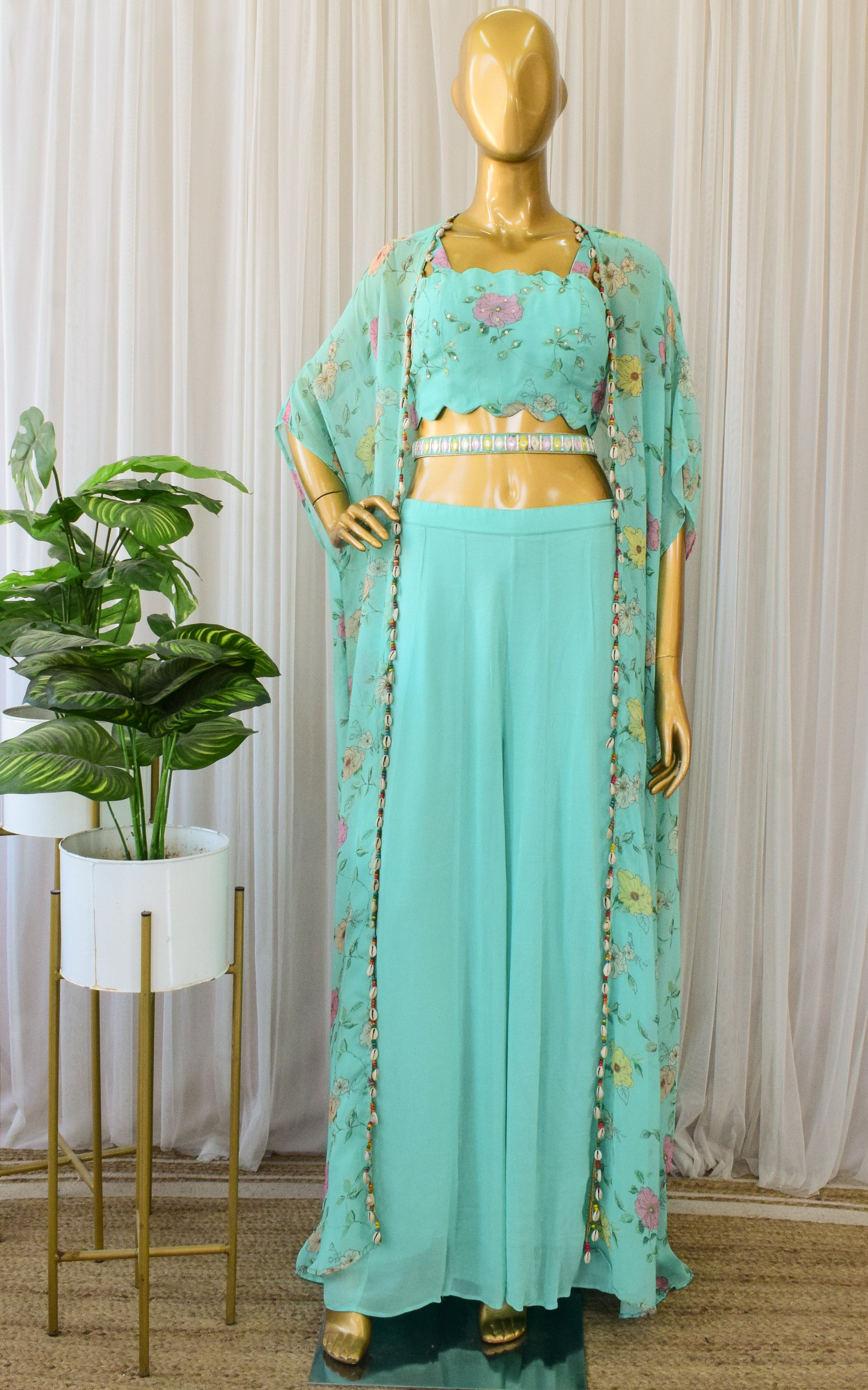 Sea Green Georgette Printed Georgette Crop Top, Jacket & Sharara Set