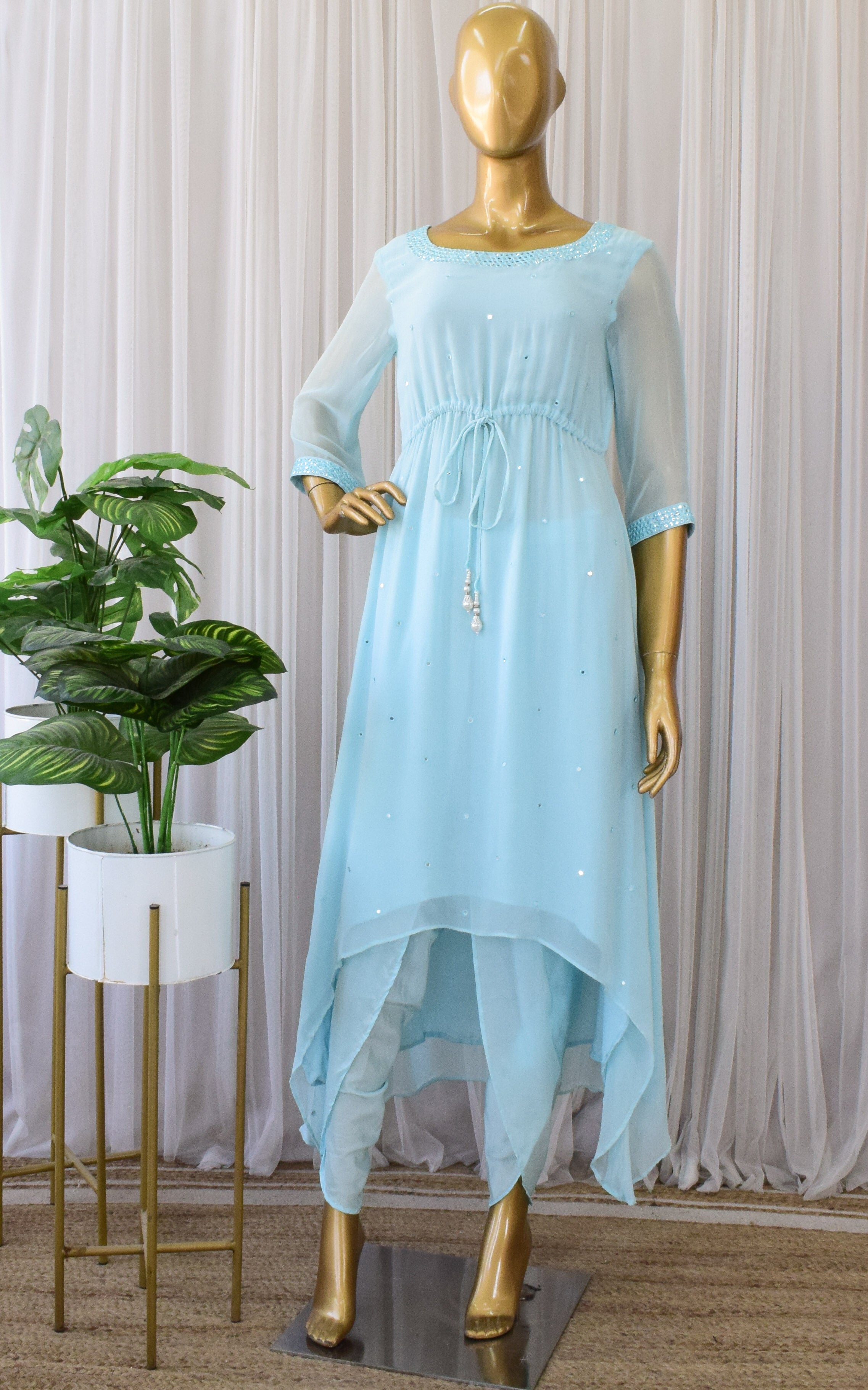 Sky Blue Mirrorwork Kurta Dhoti Set