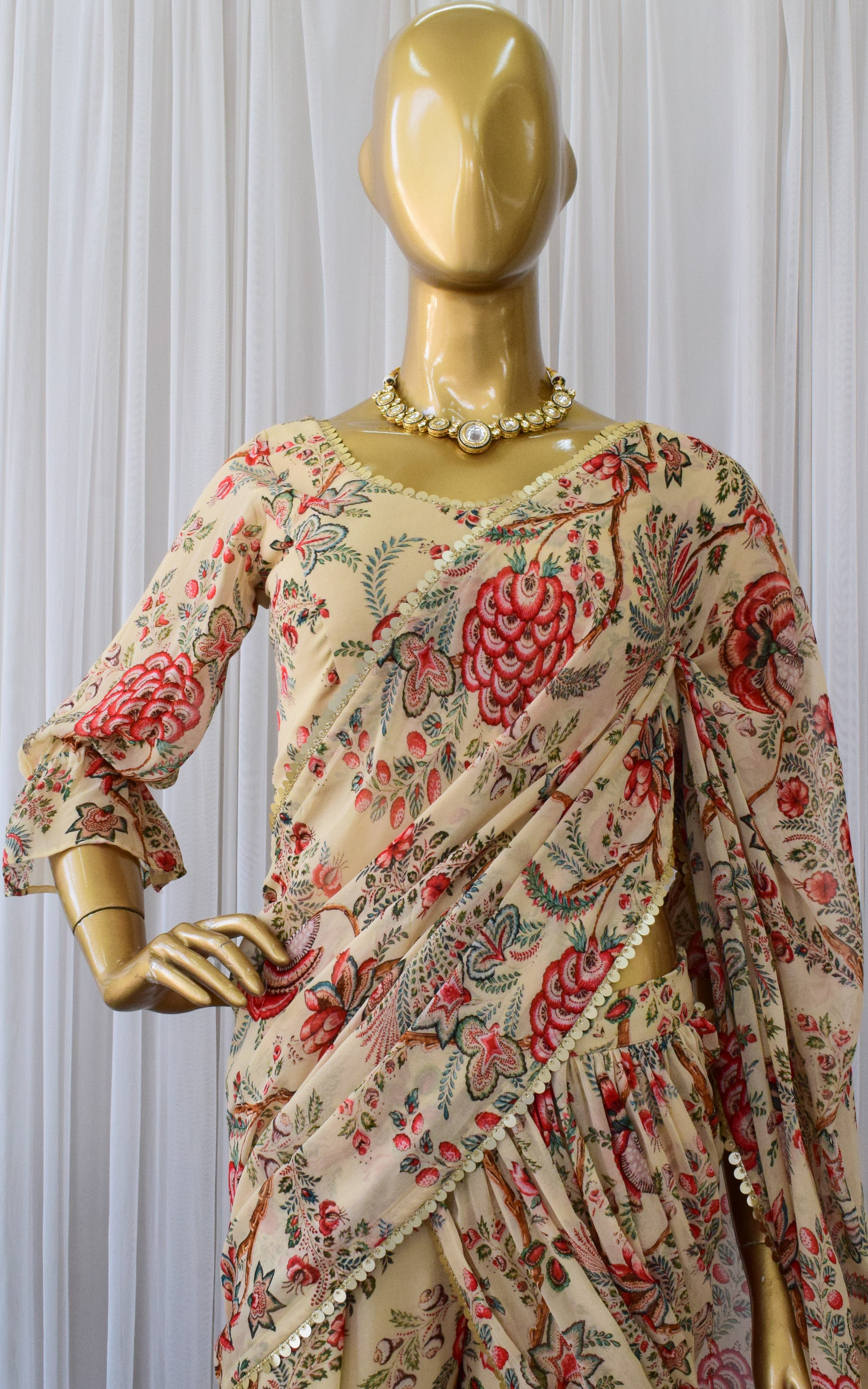 Ankita Beige Floral Printed Georgette Sharara Saree Set
