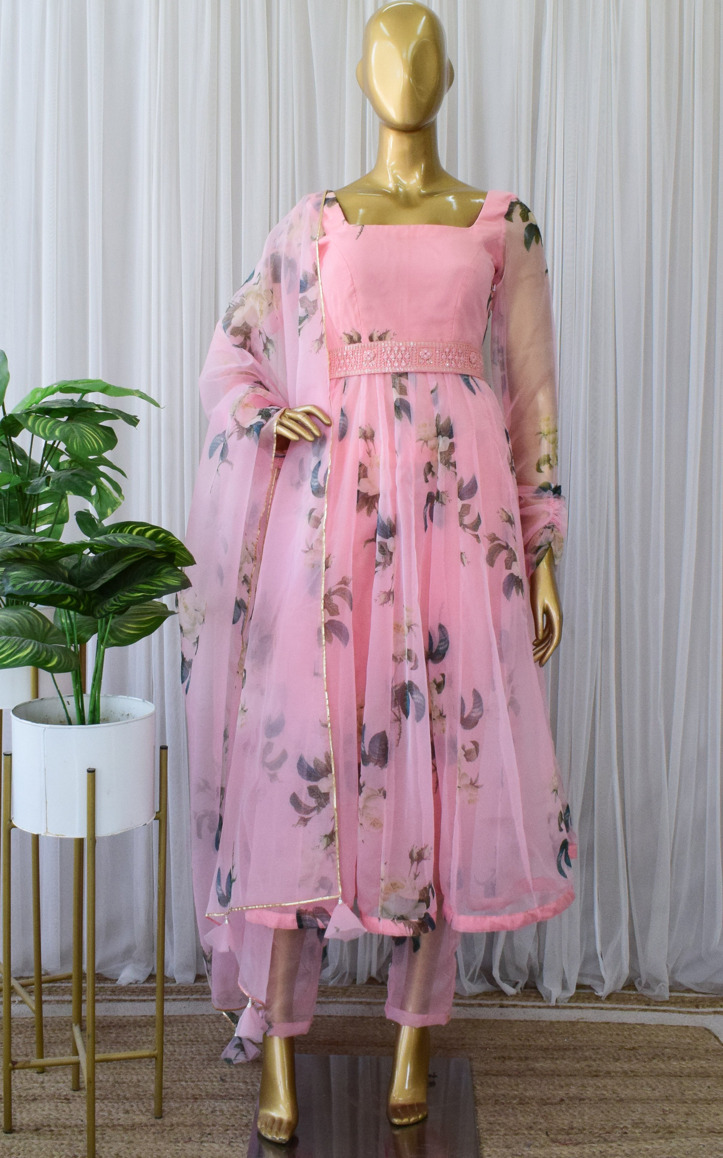 Peach Floral Organza Anarkali