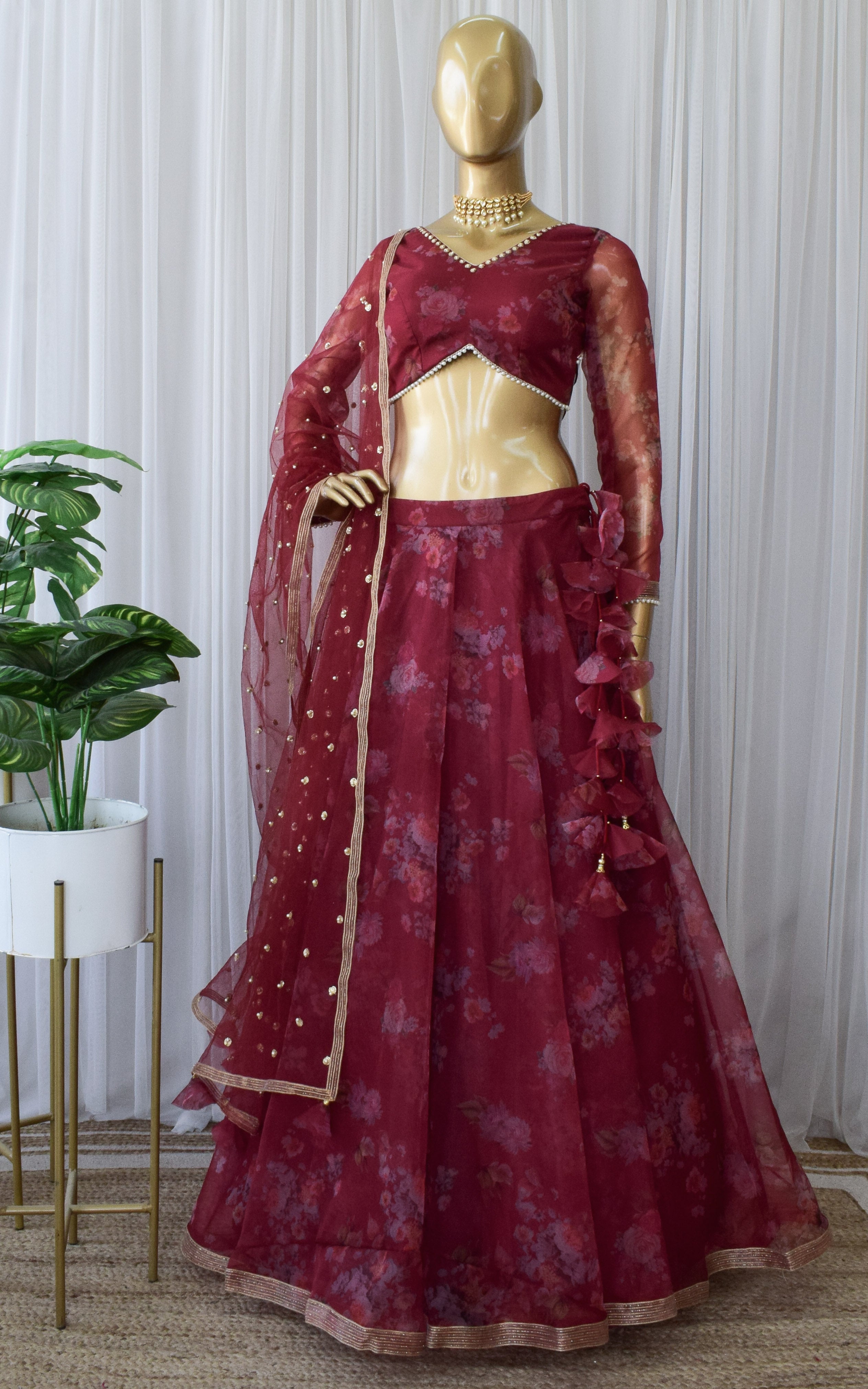 Ankita Wine Floral Organza Lehenga