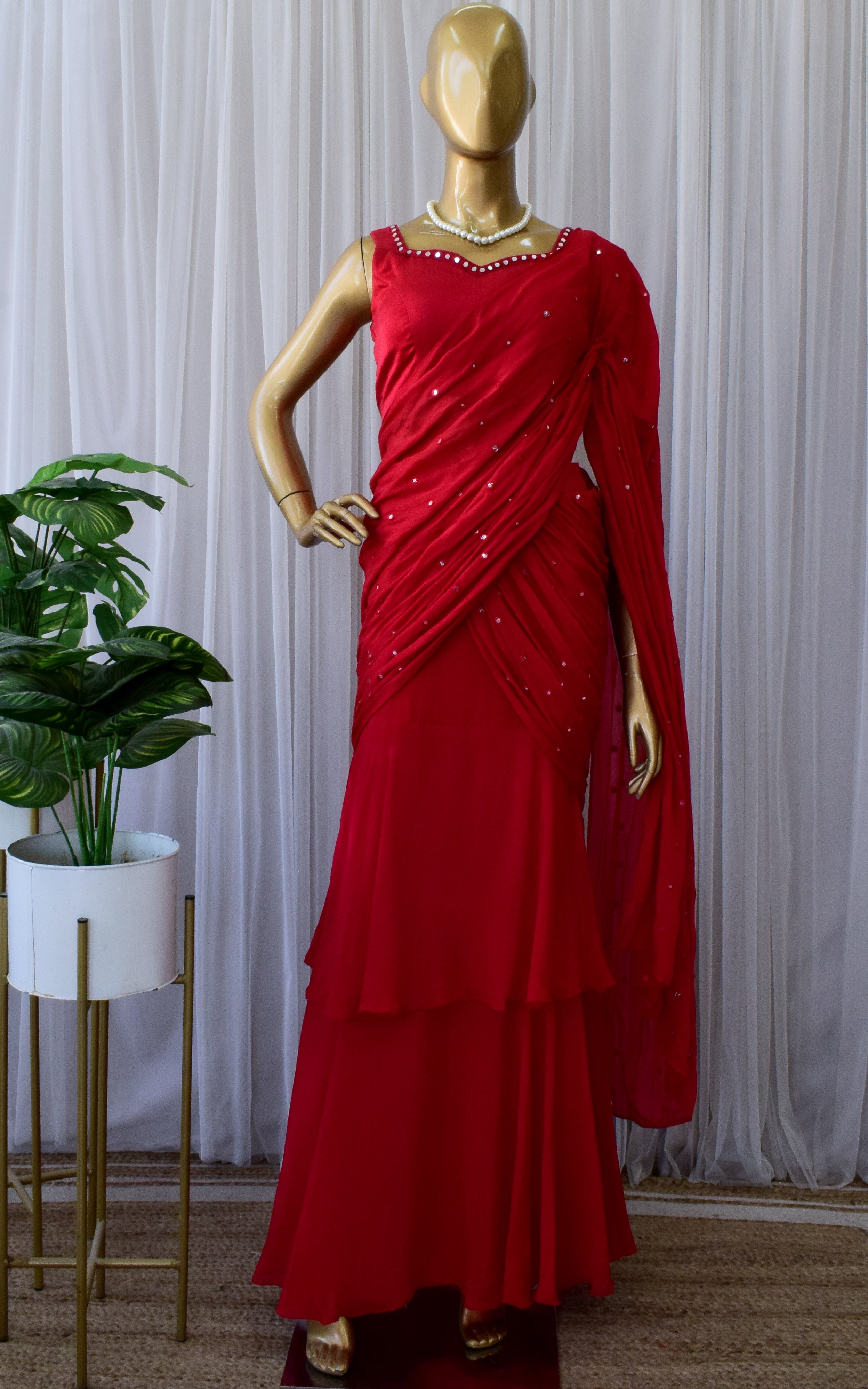 Red Mirrorwork Pre-Draped Saree