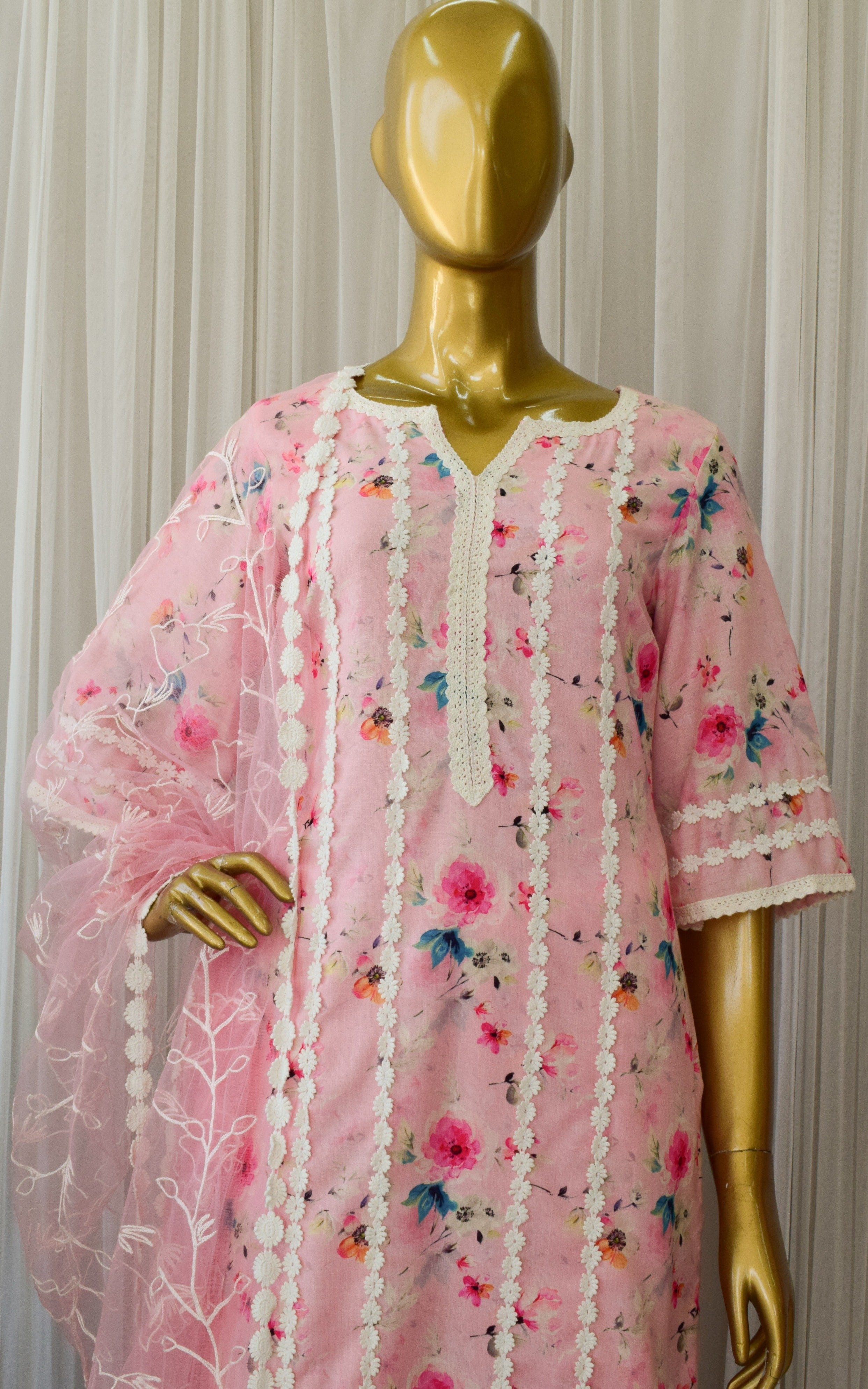 Light Pink Floral Cotton Linen Kurta Pant Set
