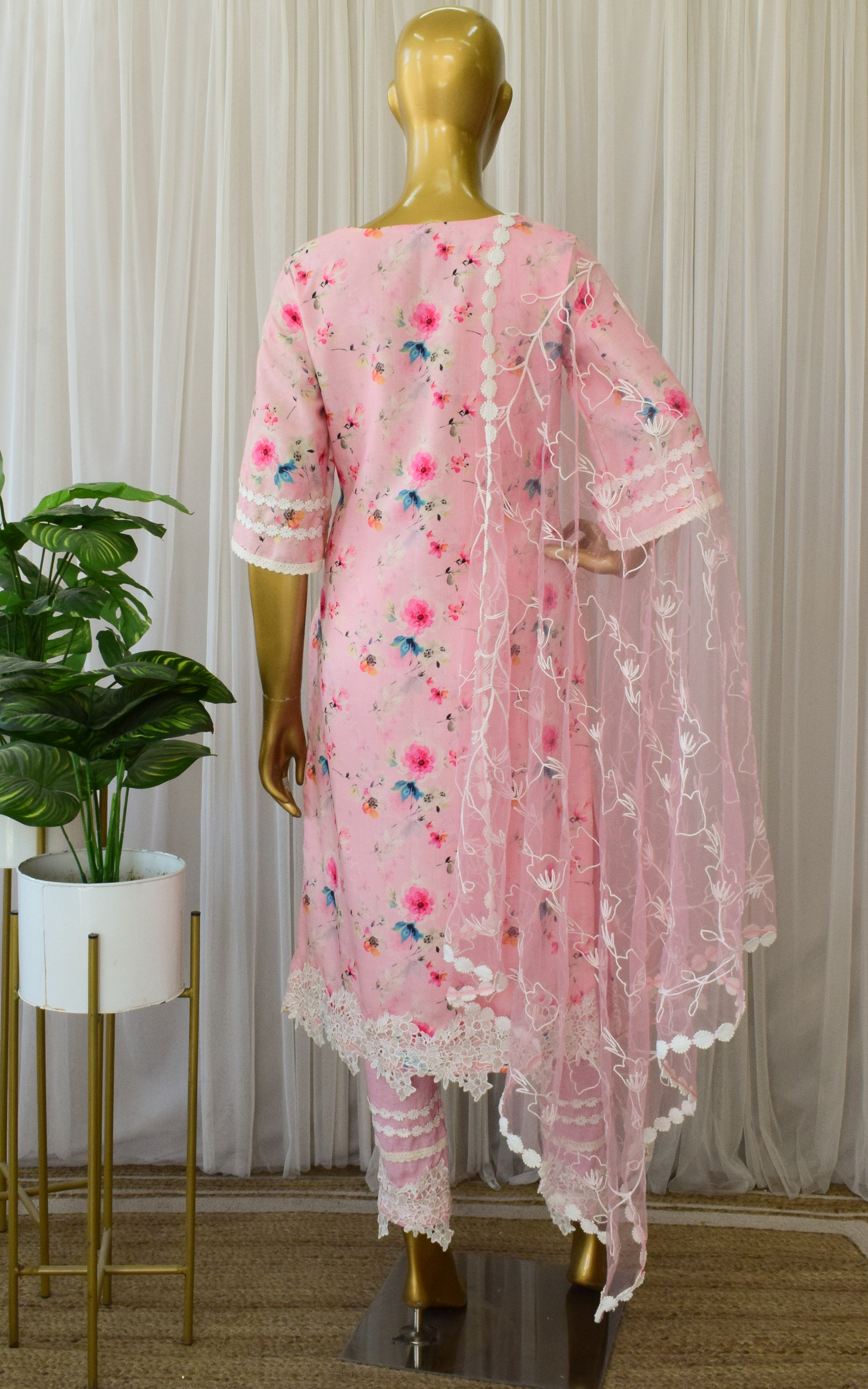 Light Pink Floral Cotton Linen Kurta Pant Set