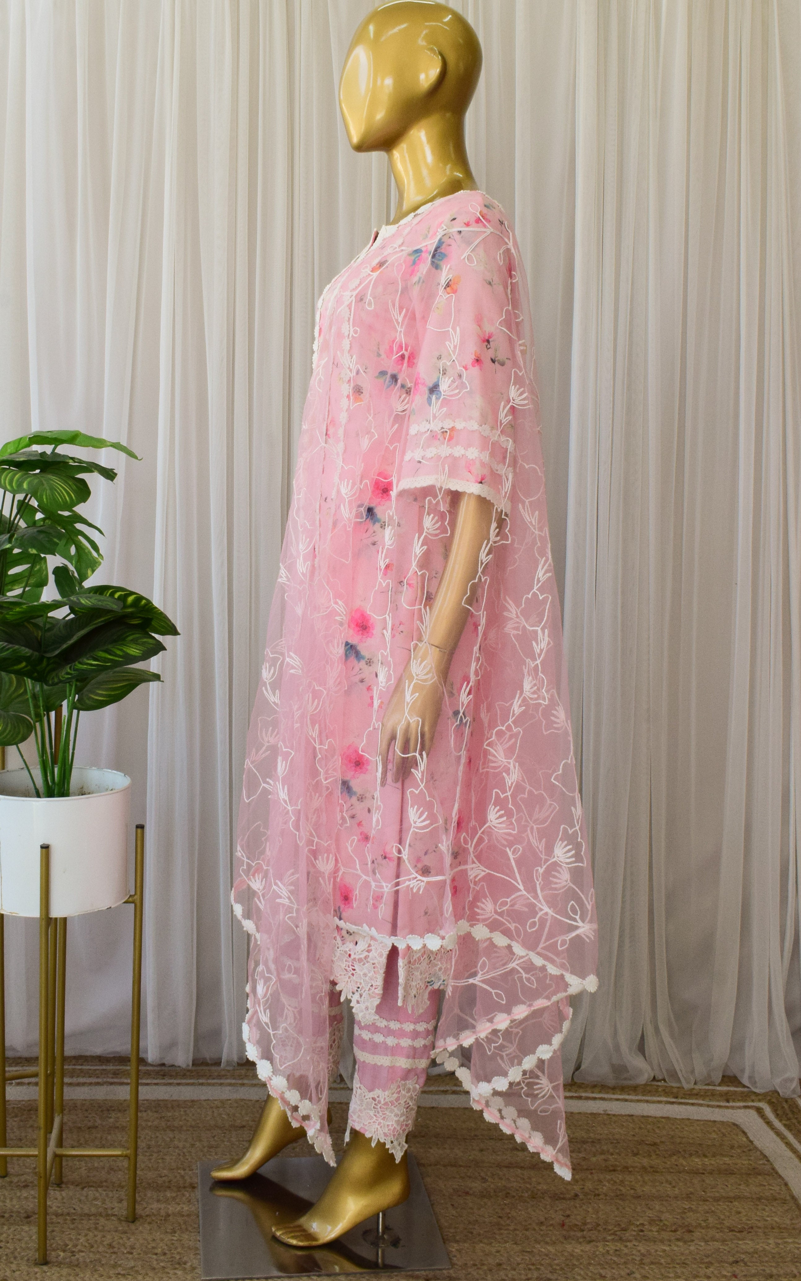 Light Pink Floral Cotton Linen Kurta Pant Set