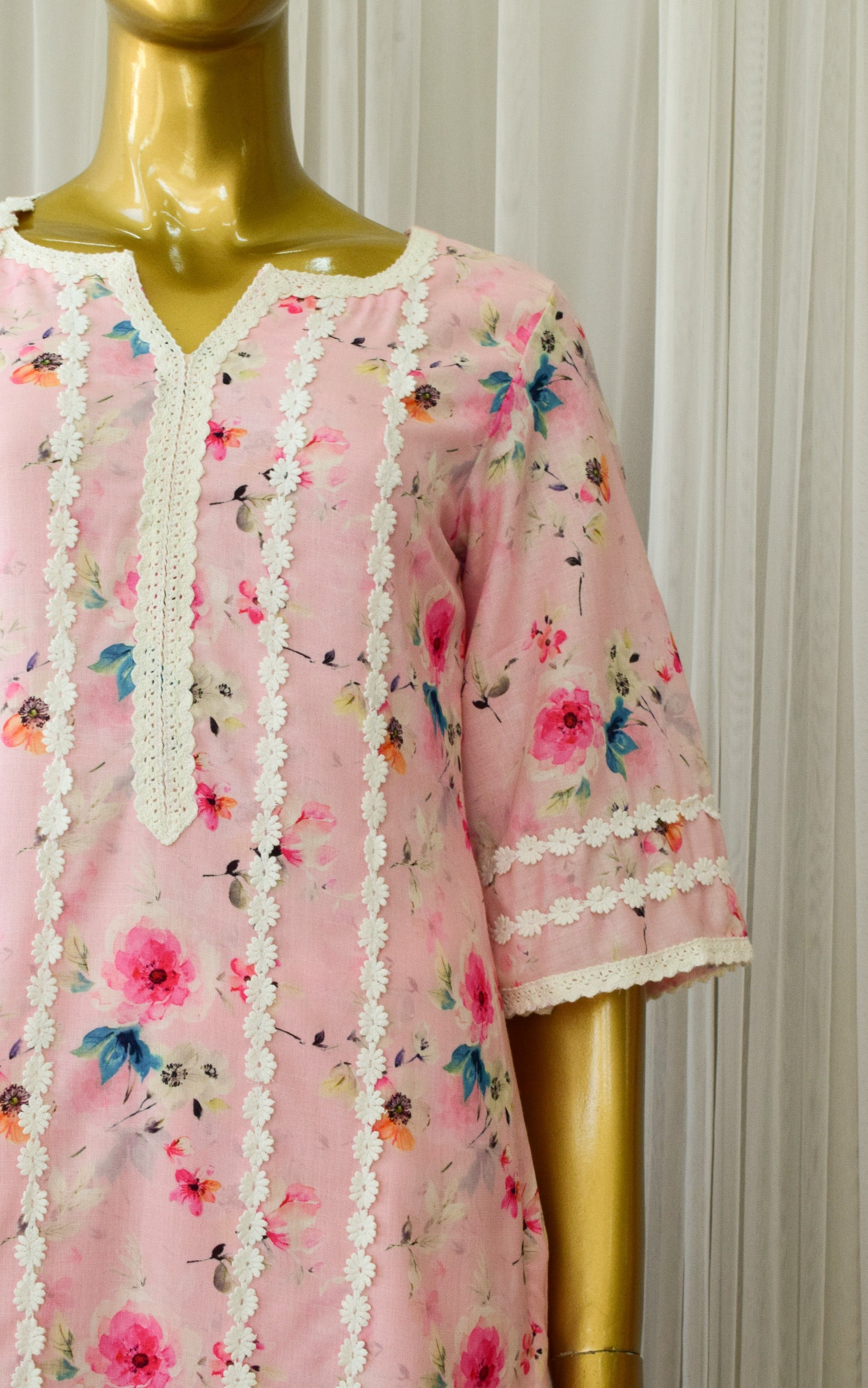 Light Pink Floral Cotton Linen Kurta Pant Set