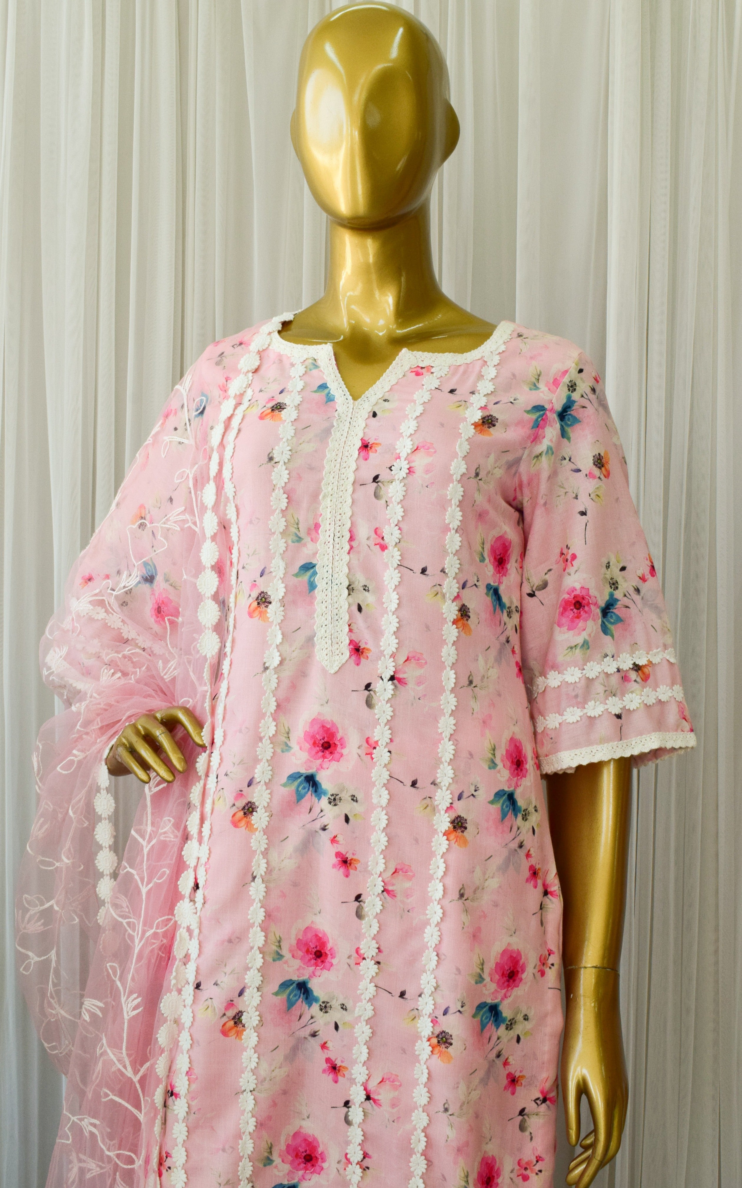 Light Pink Floral Cotton Linen Kurta Pant Set