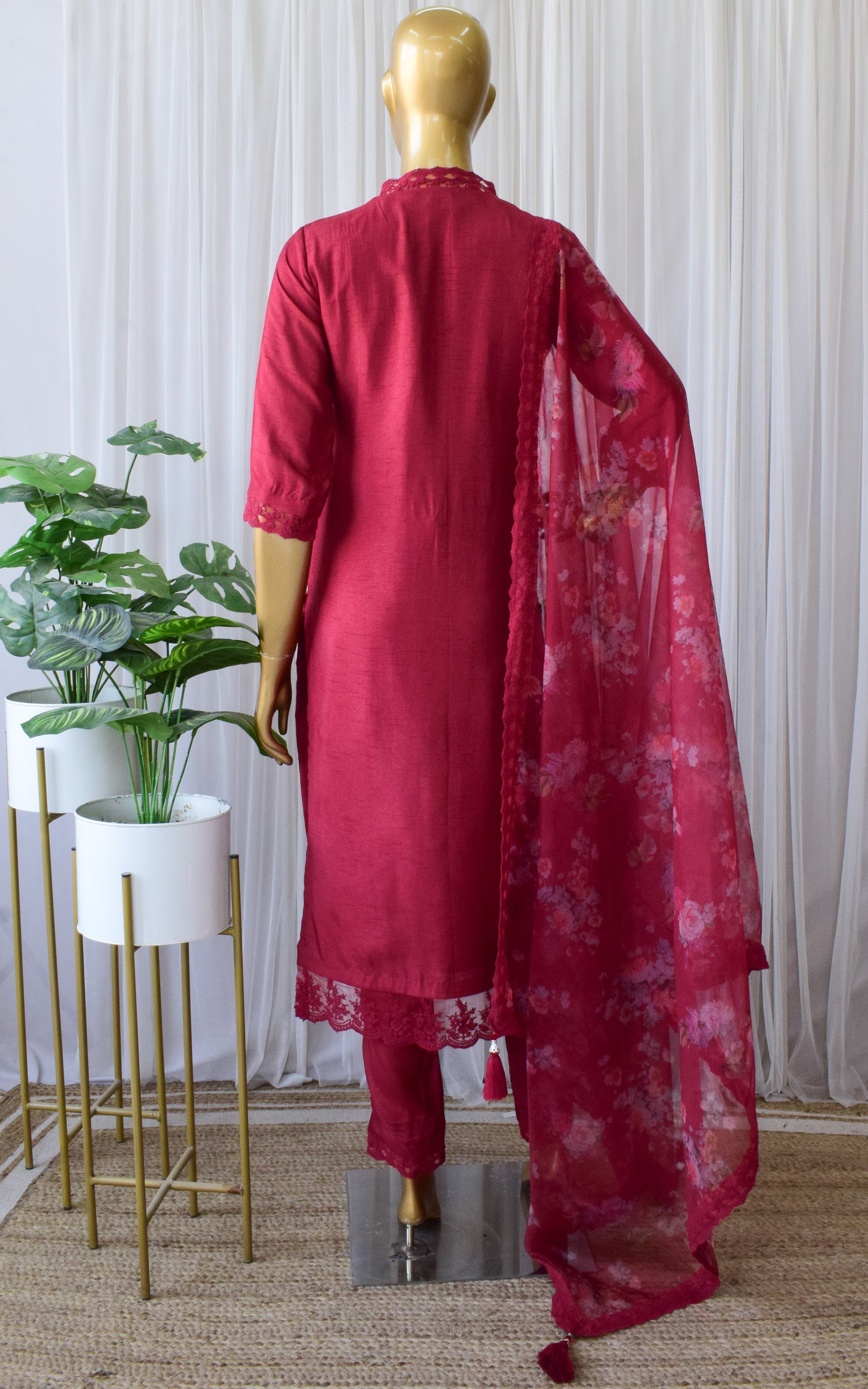 Priya Wine Kurta Pant with Floral Organza Dupatta