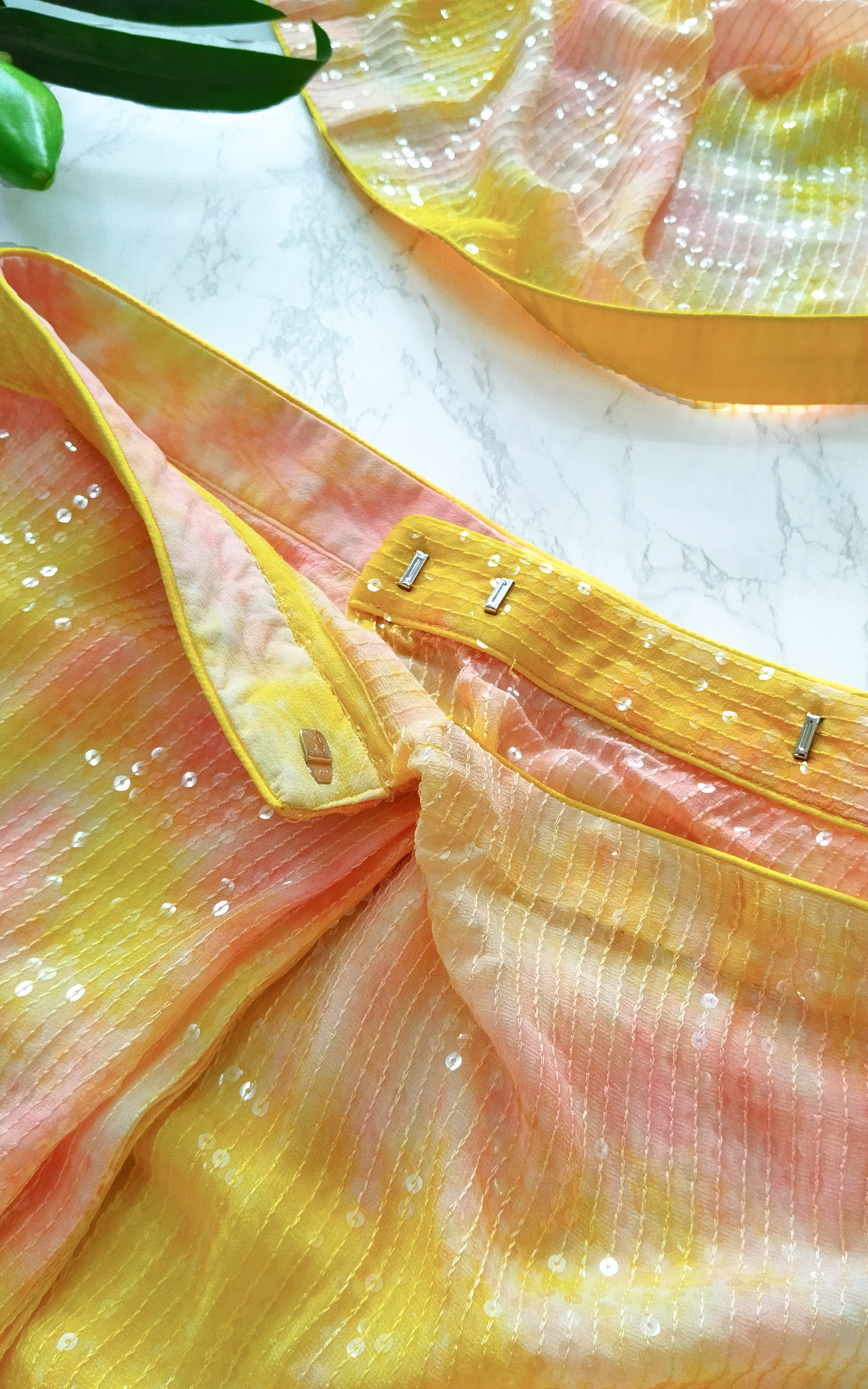 Yellow Pink Shibori Sequins Saree