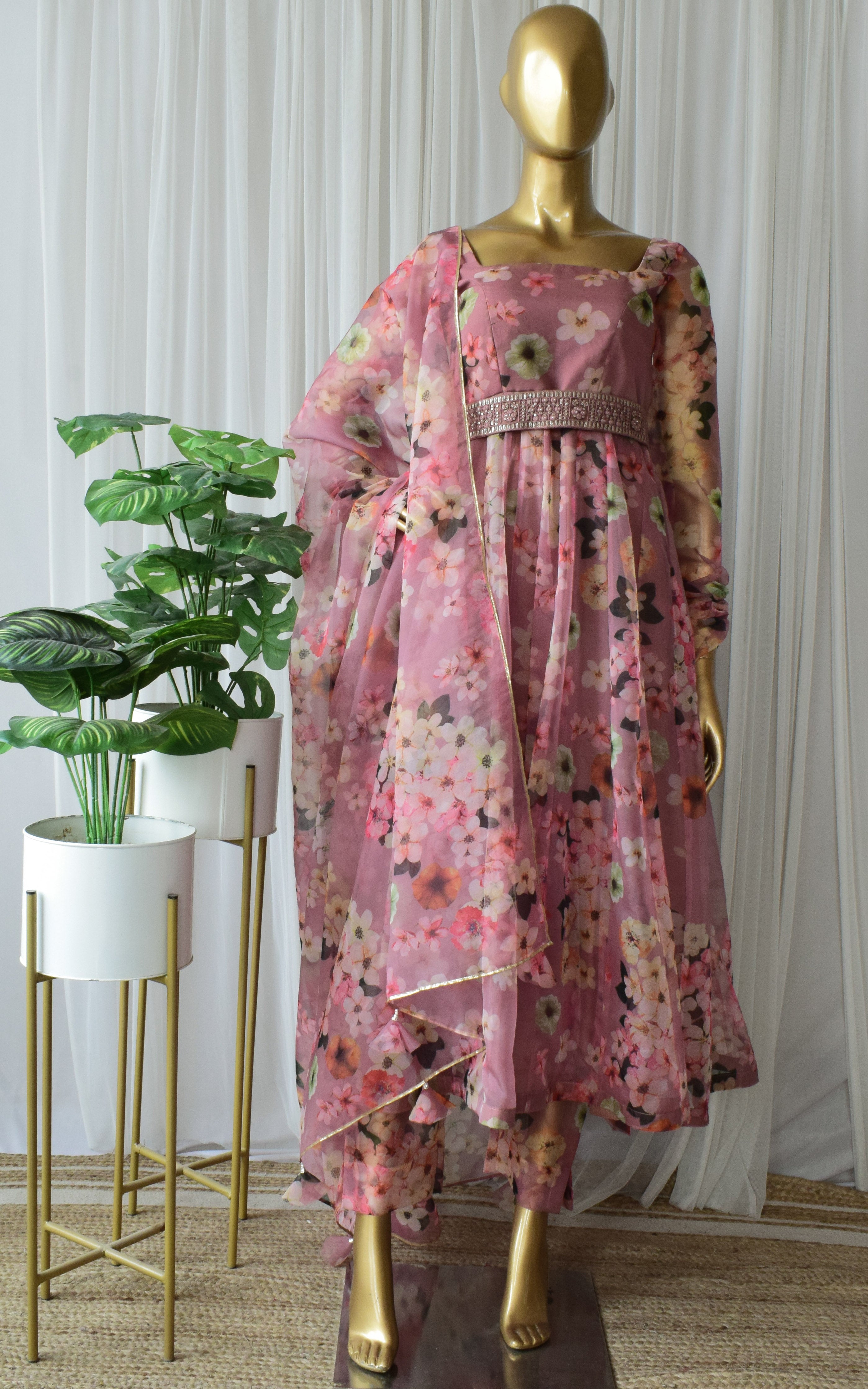 Grapewine Floral Printed Organza Anarkali