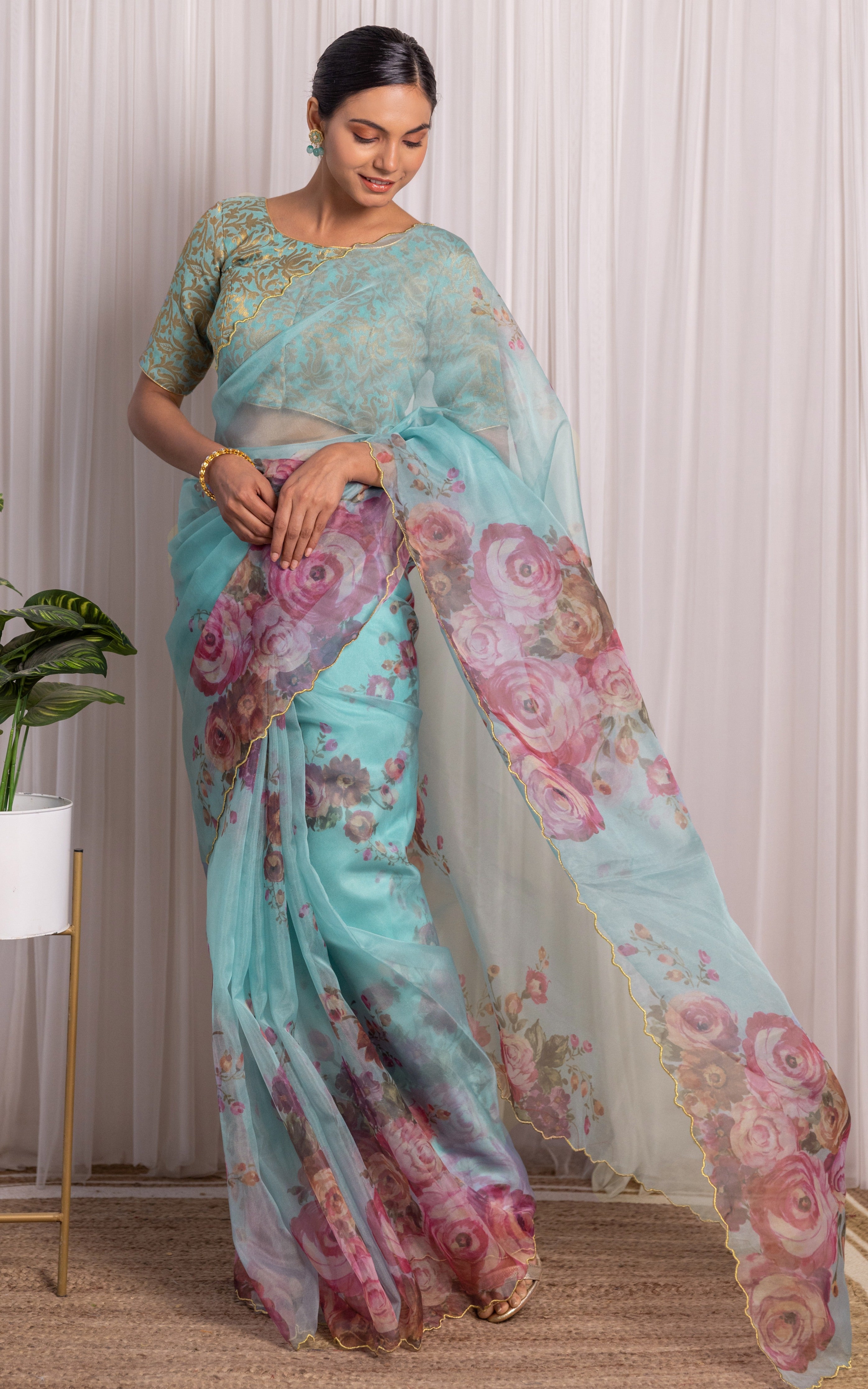 Ishita Dutta Sky Blue Floral Organza Saree