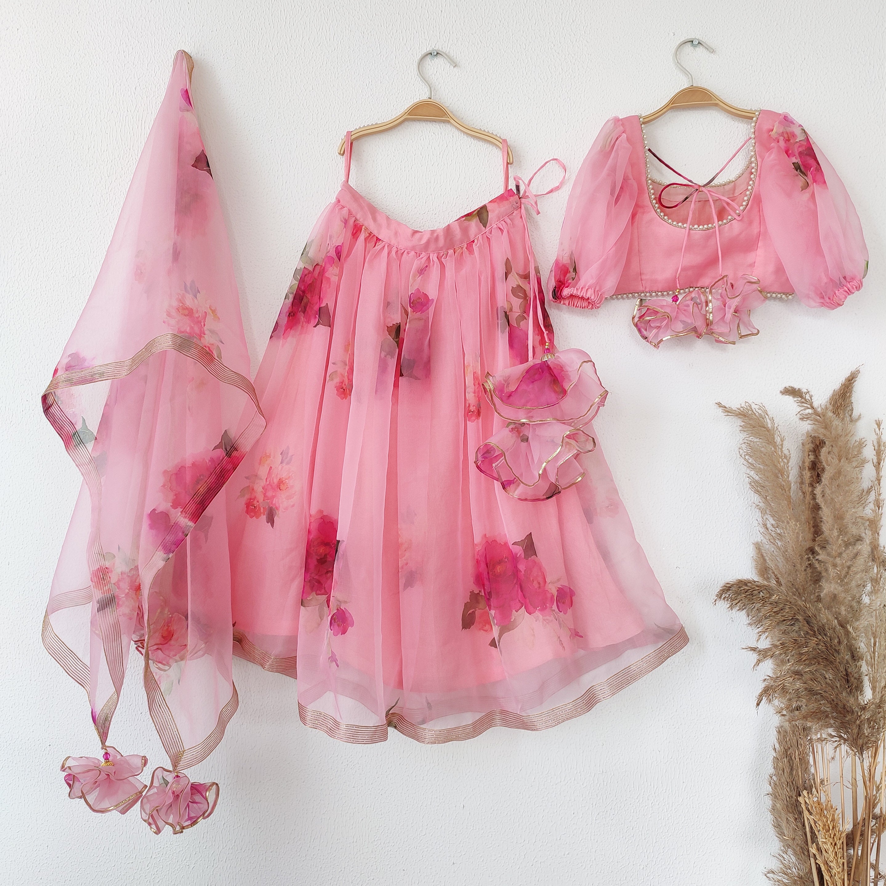 Blush Pink Floral Organza Kids Lehenga