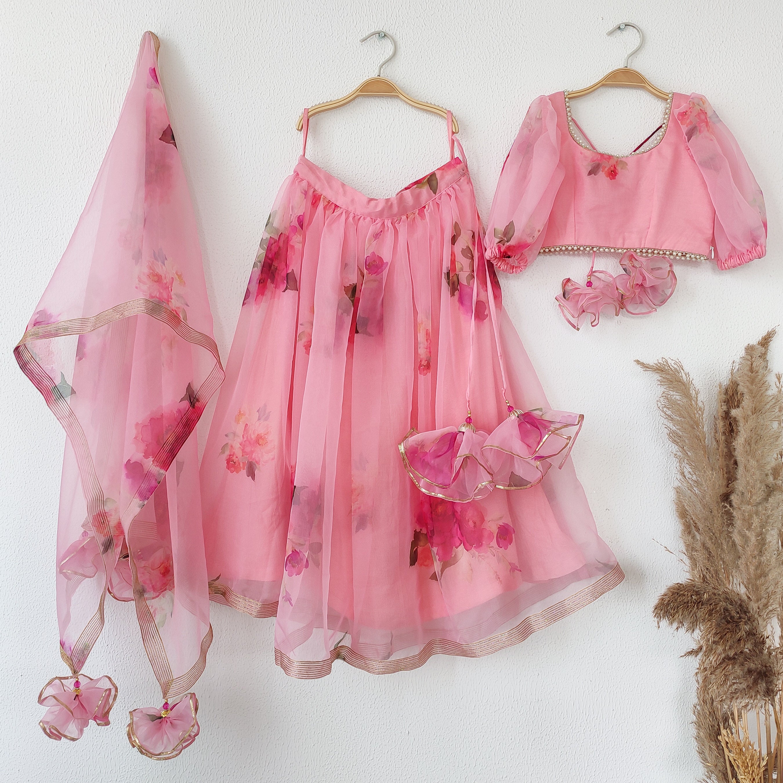 Blush Pink Floral Organza Kids Lehenga