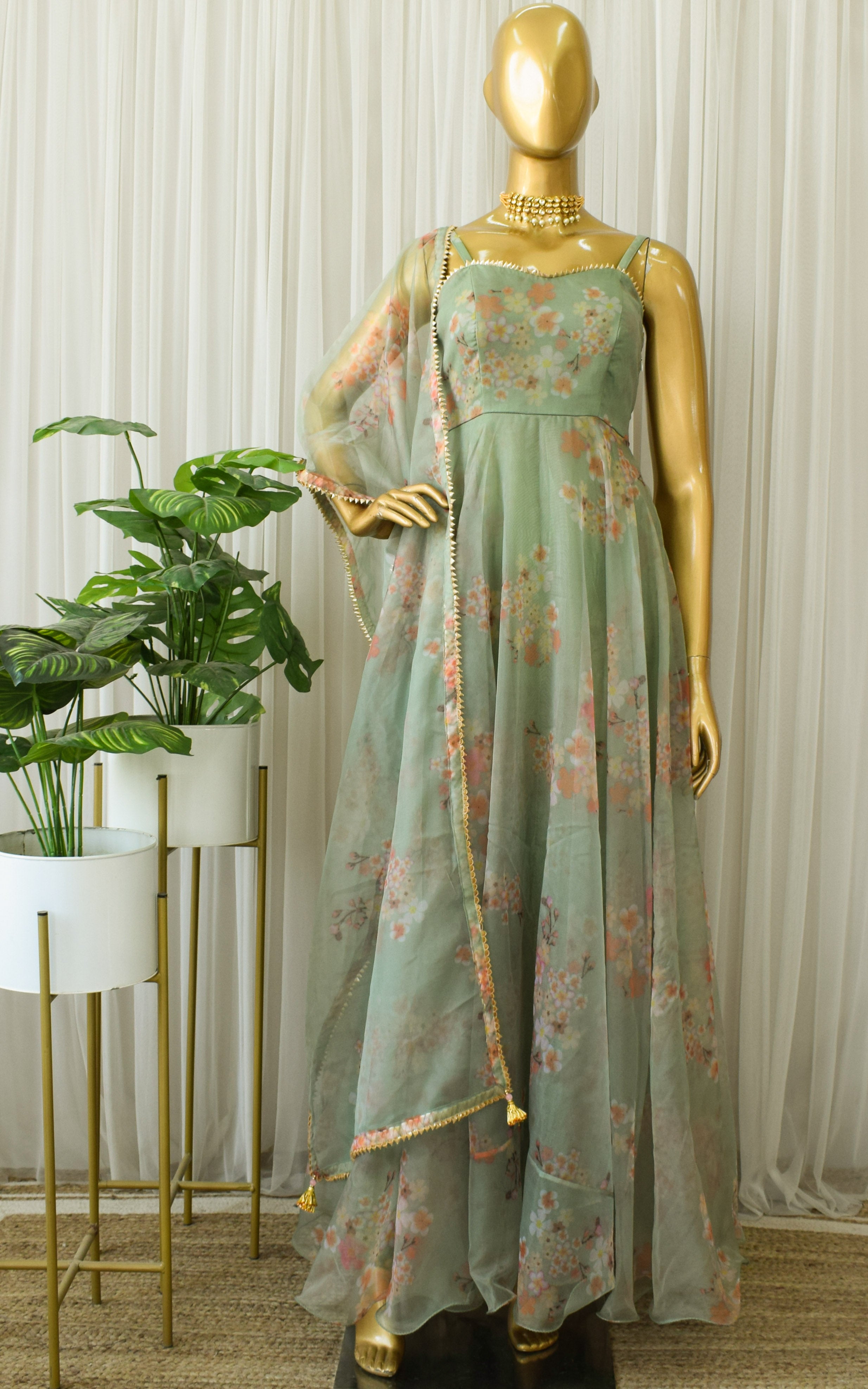 Sage Green Floral Organza Anarkali
