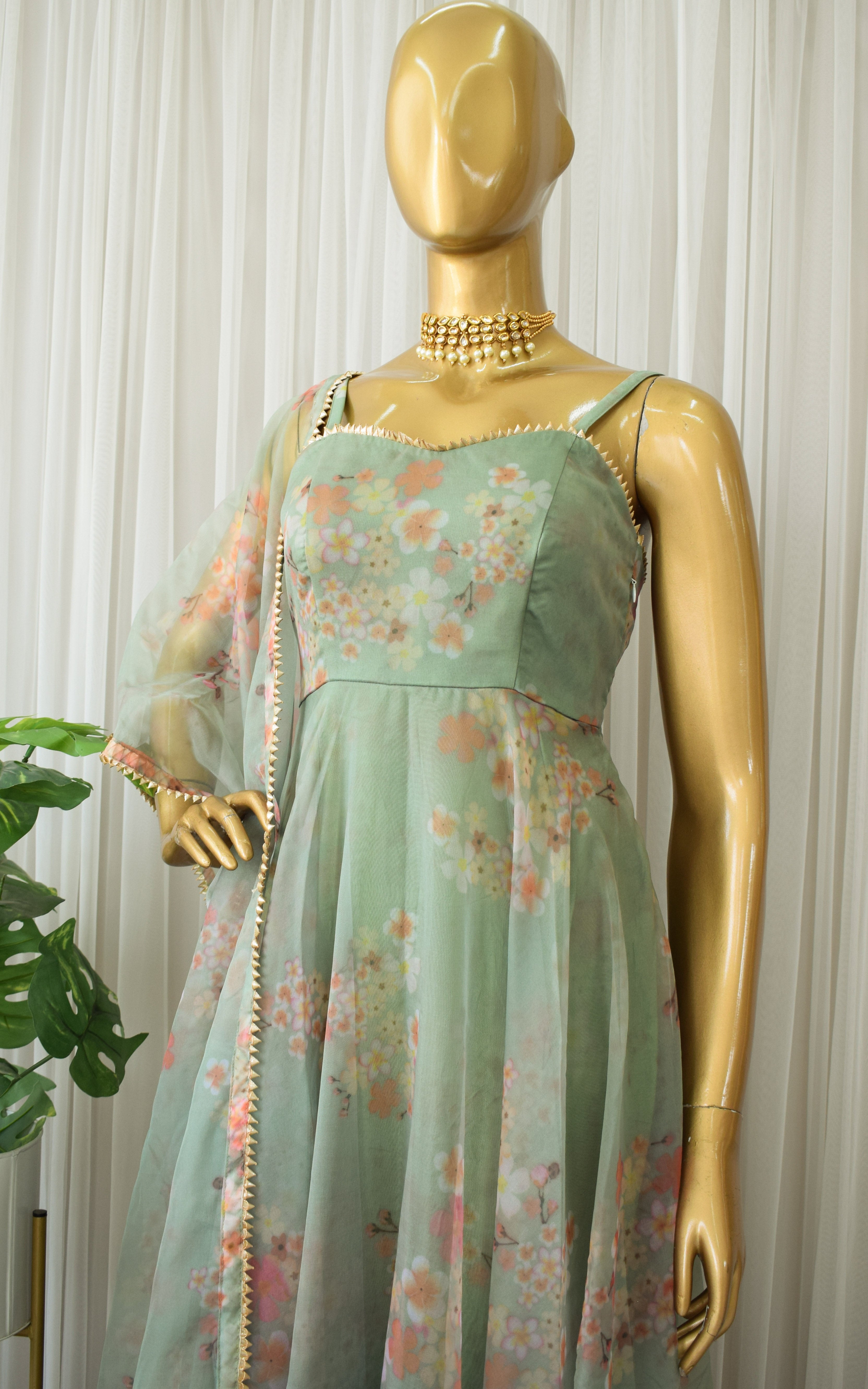 Sage Green Floral Organza Anarkali