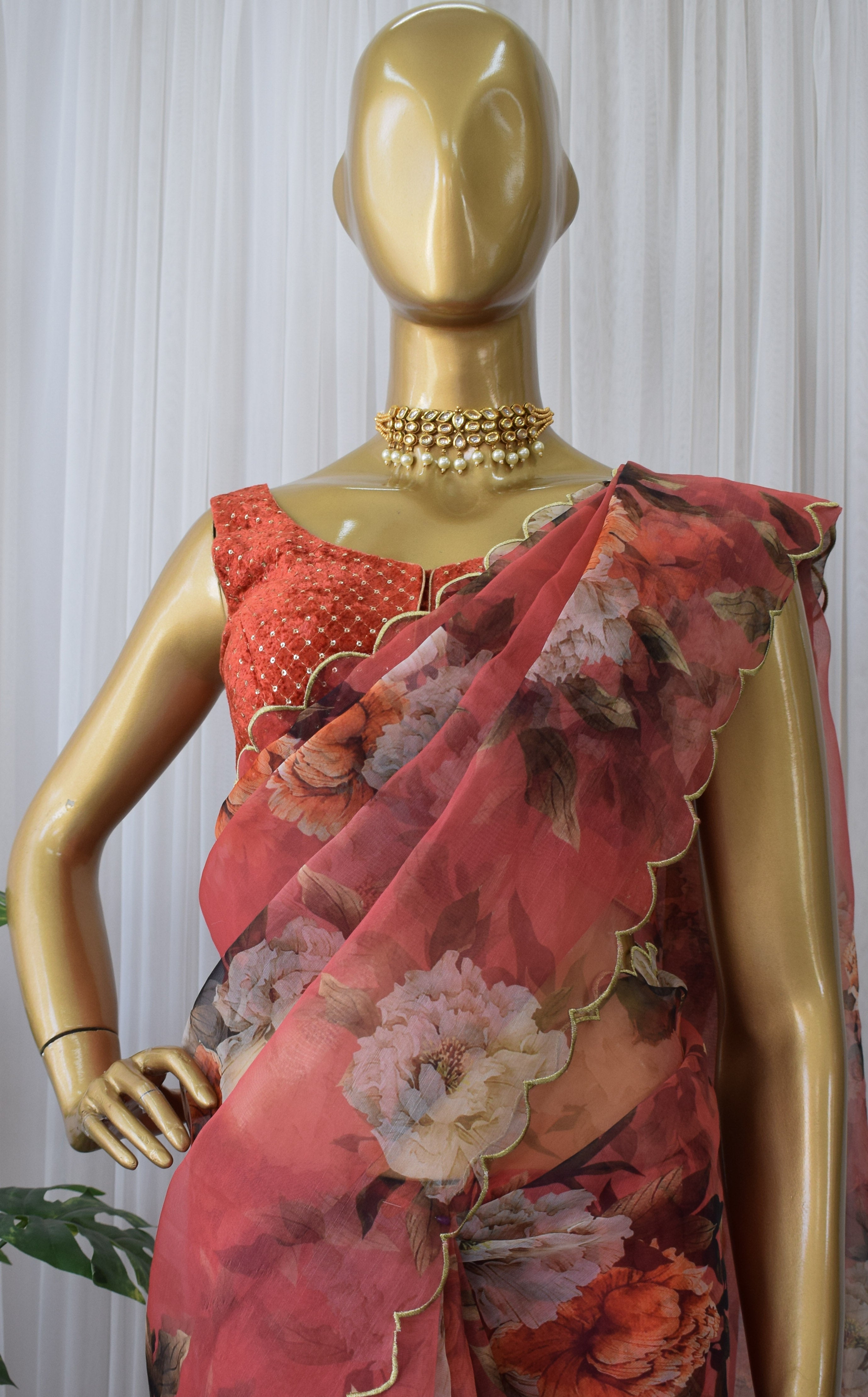 Coral Red Organza Saree With Velvet Blouse