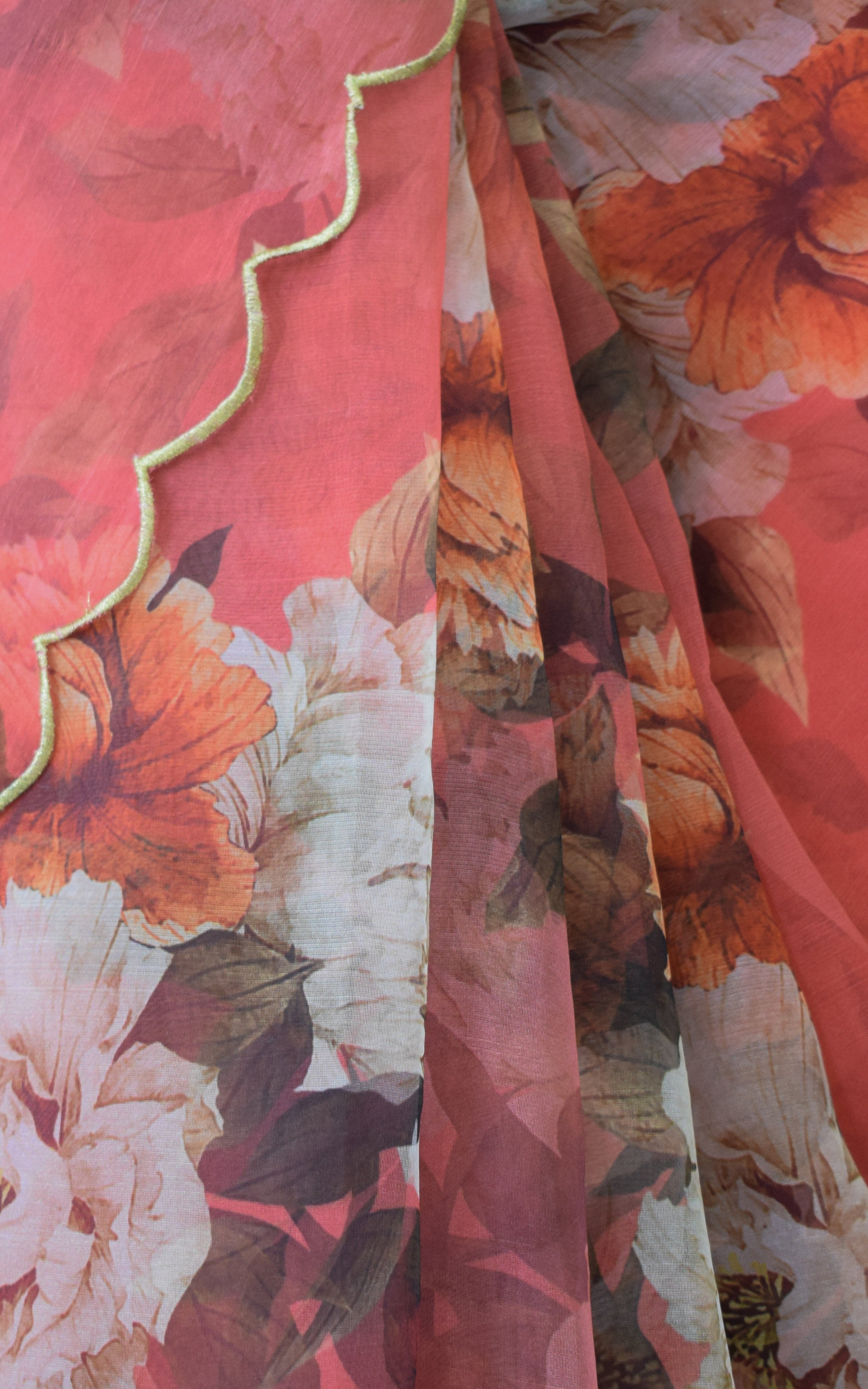 Coral Red Organza Saree With Velvet Blouse