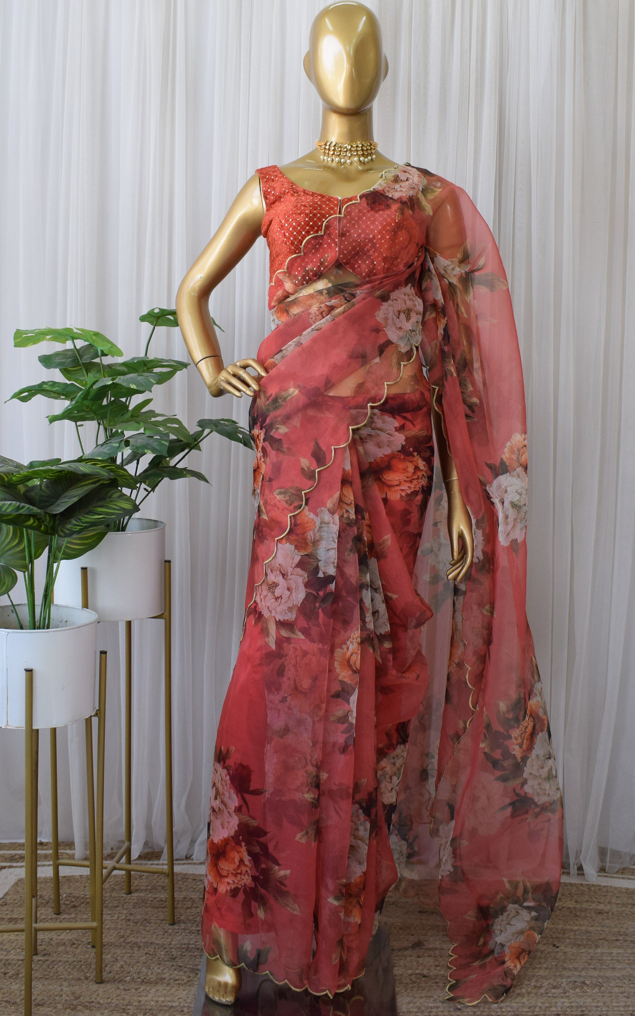 Coral Red Organza Saree With Velvet Blouse