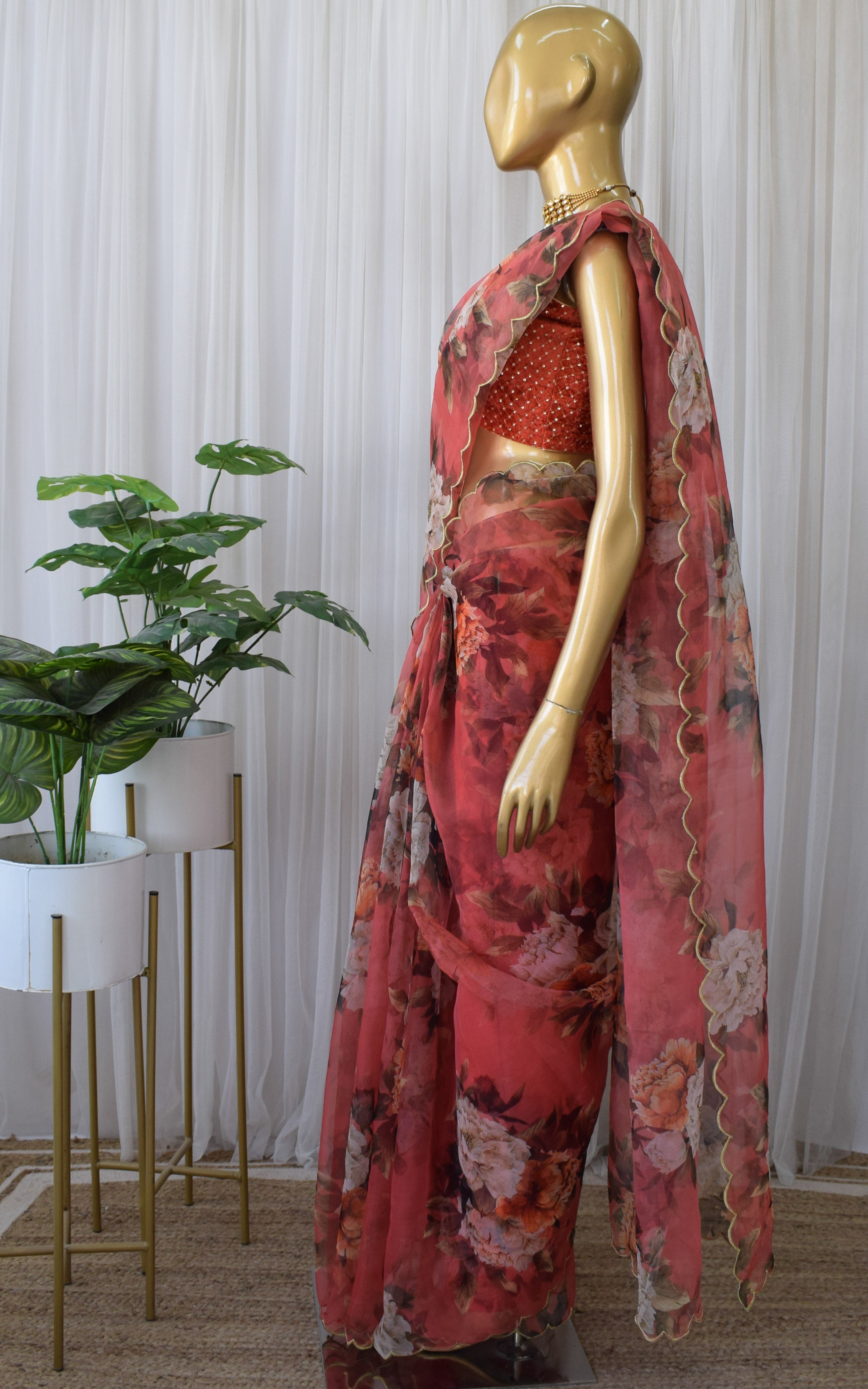Coral Red Organza Saree With Velvet Blouse