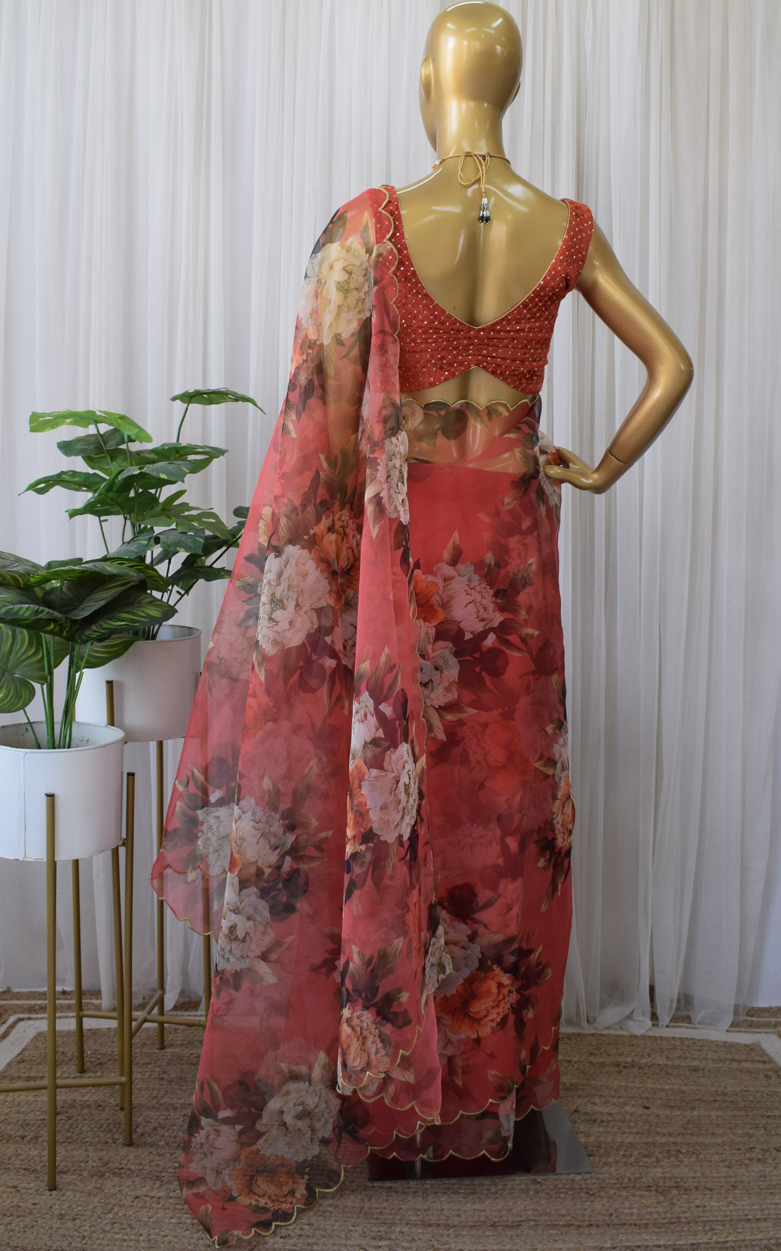 Coral Red Organza Saree With Velvet Blouse