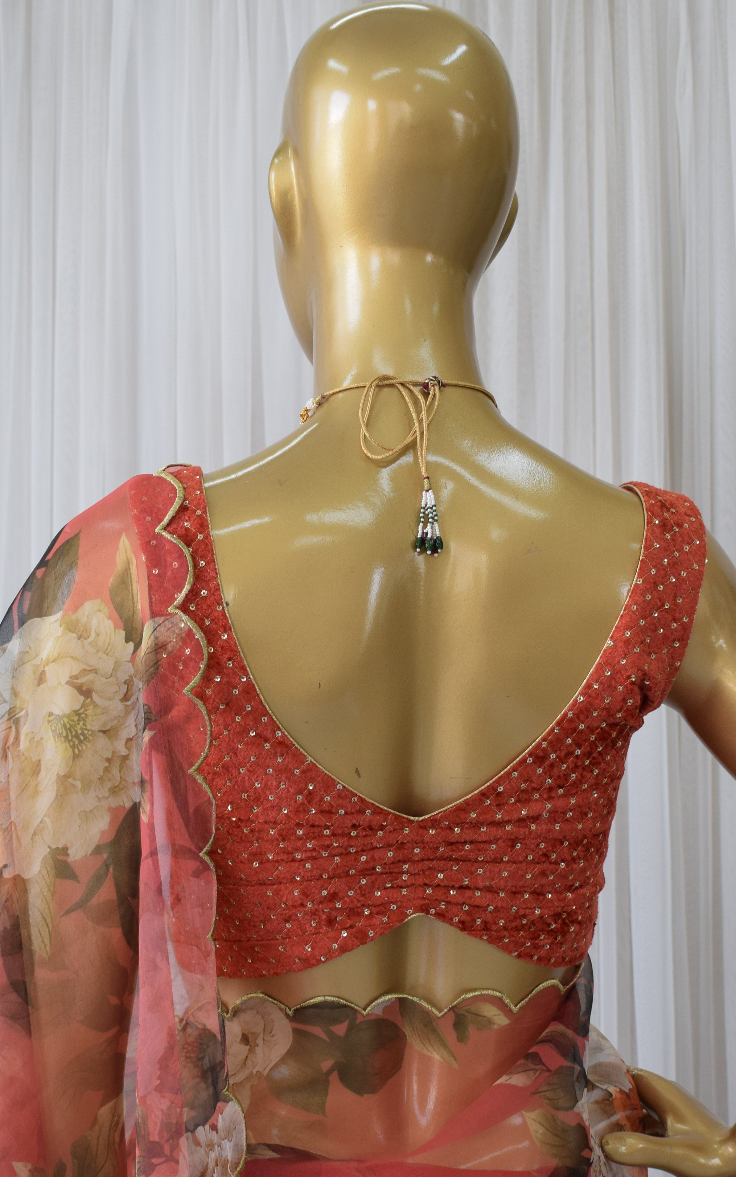 Coral Red Organza Saree With Velvet Blouse