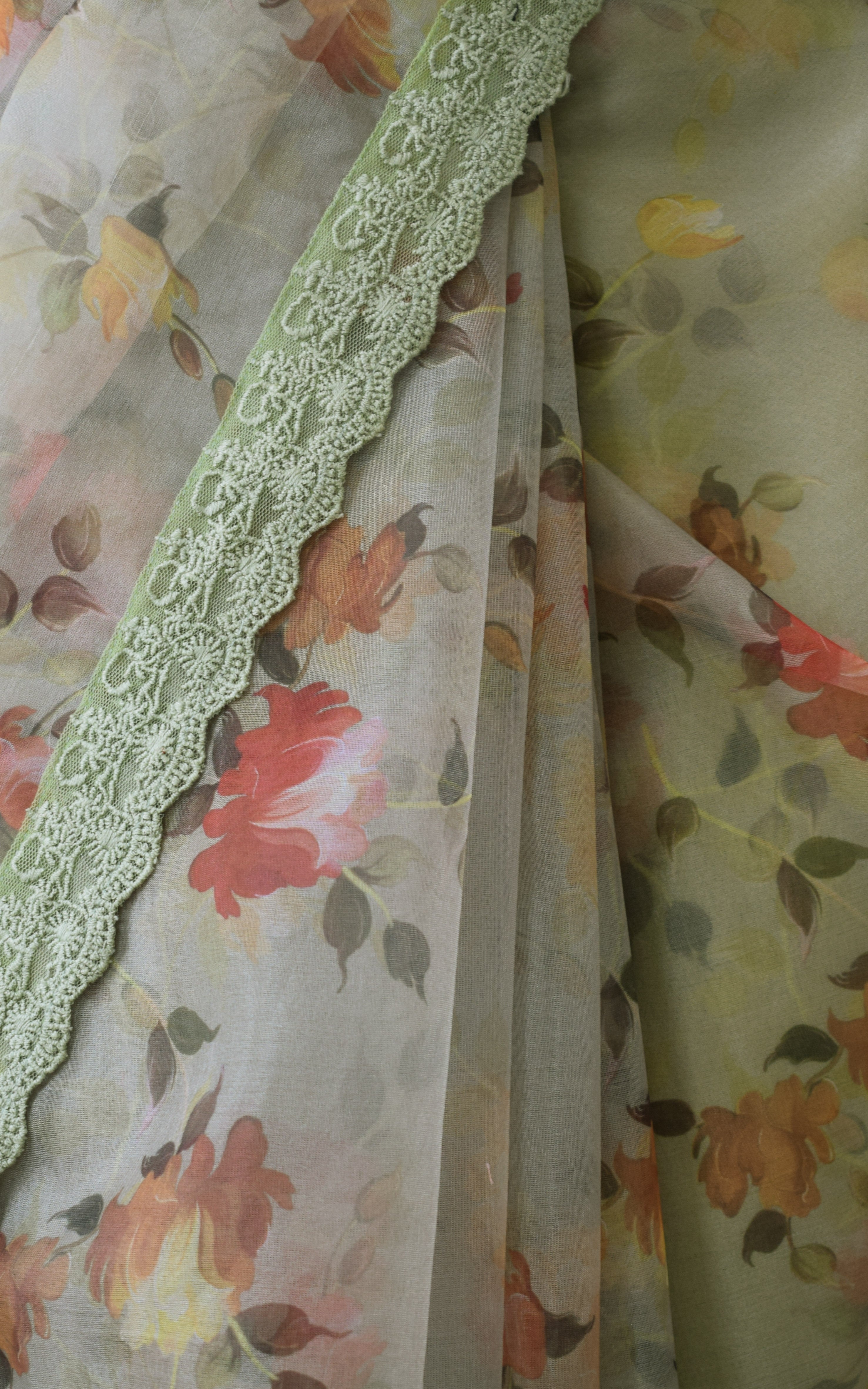 Moss Green Floral Organza Saree