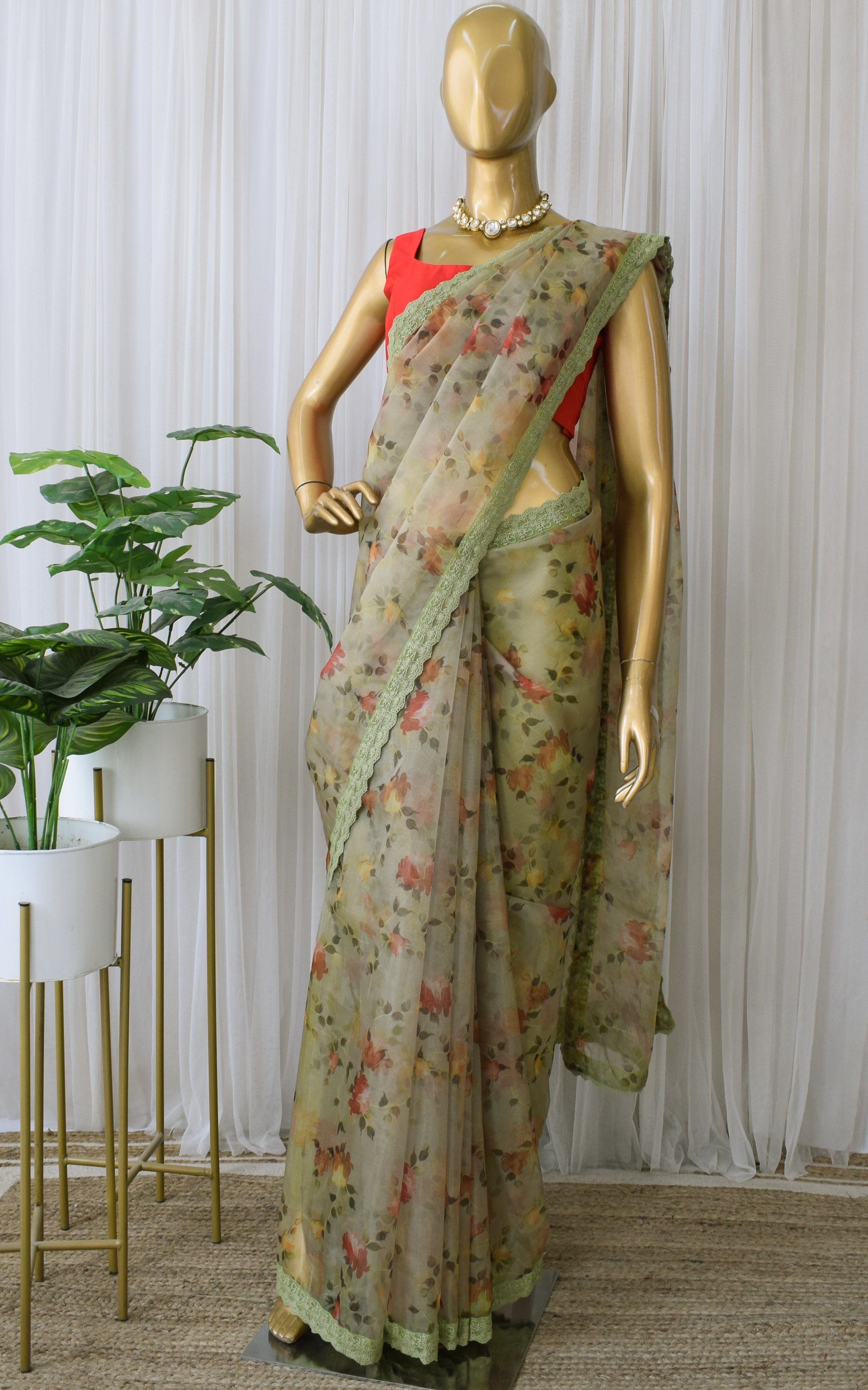 Moss Green Floral Organza Saree