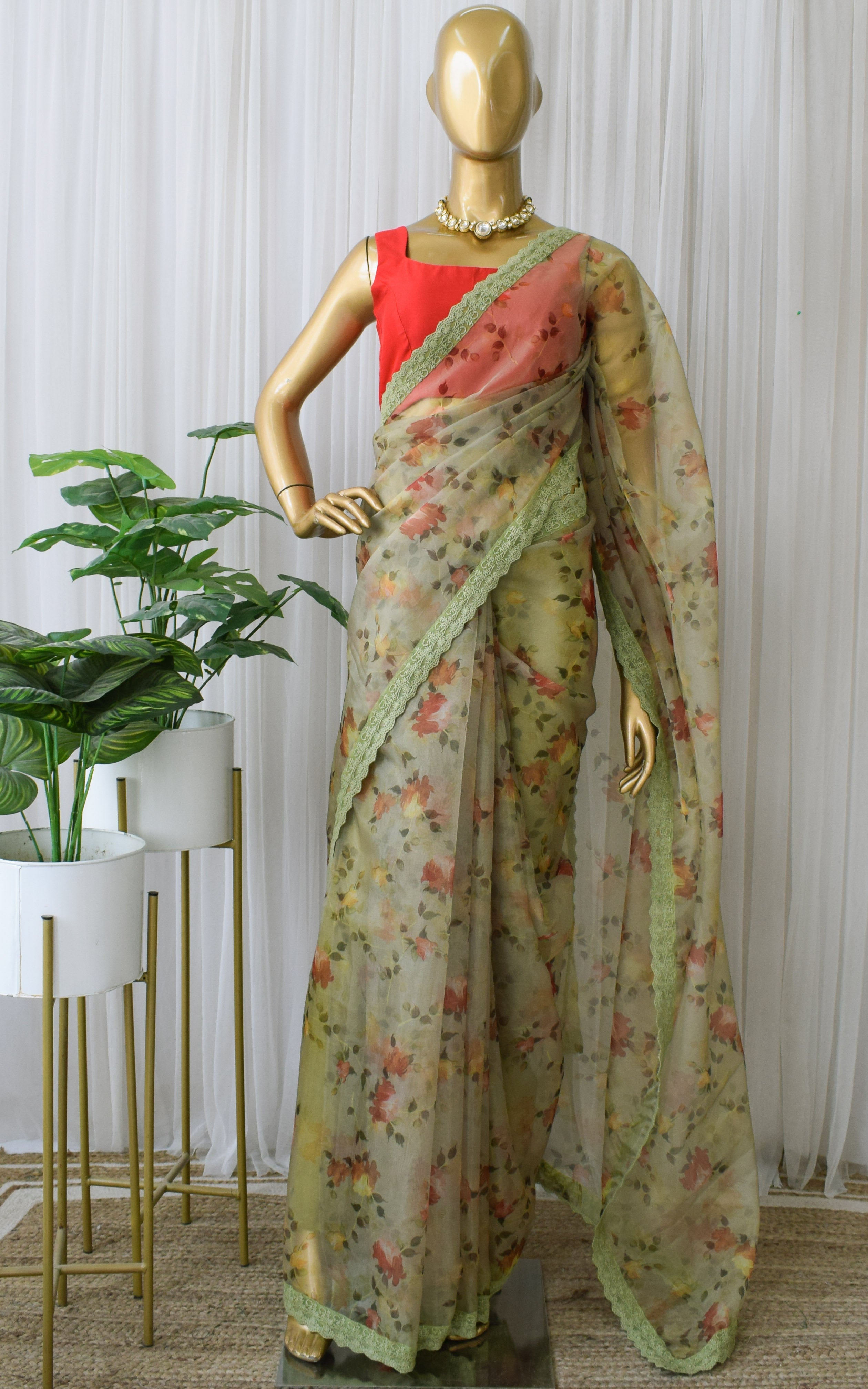 Moss Green Floral Organza Saree