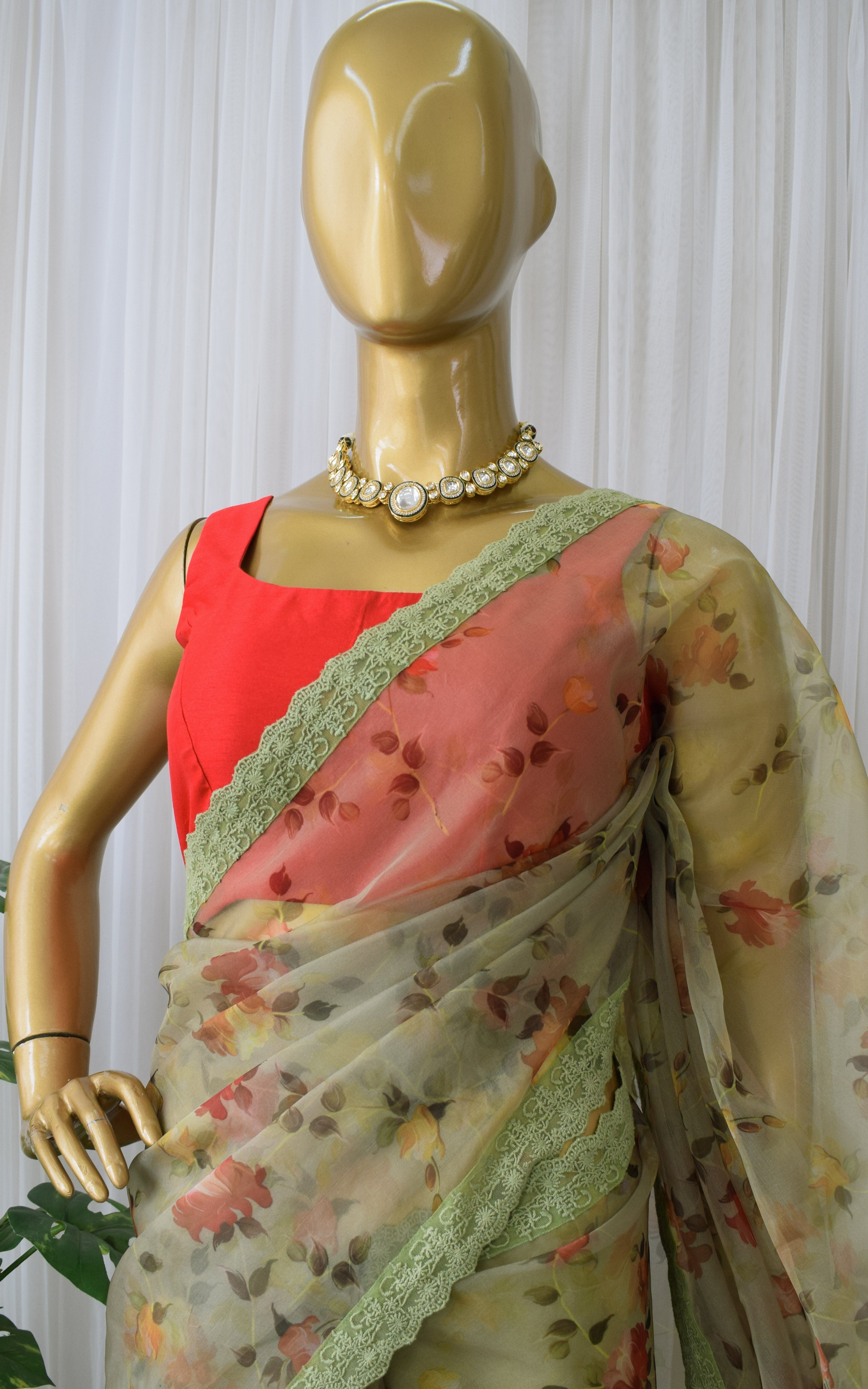 Moss Green Floral Organza Saree