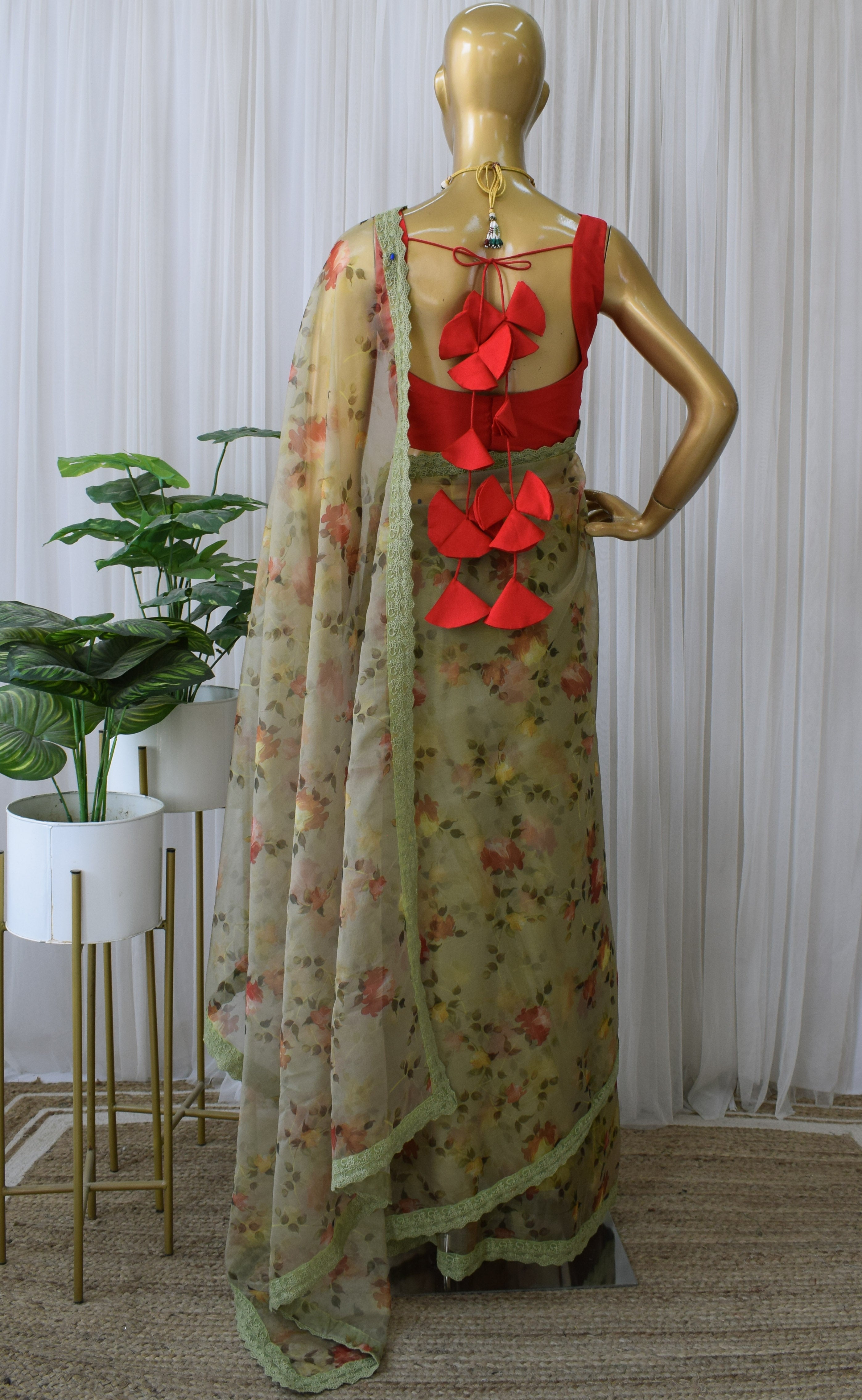 Moss Green Floral Organza Saree