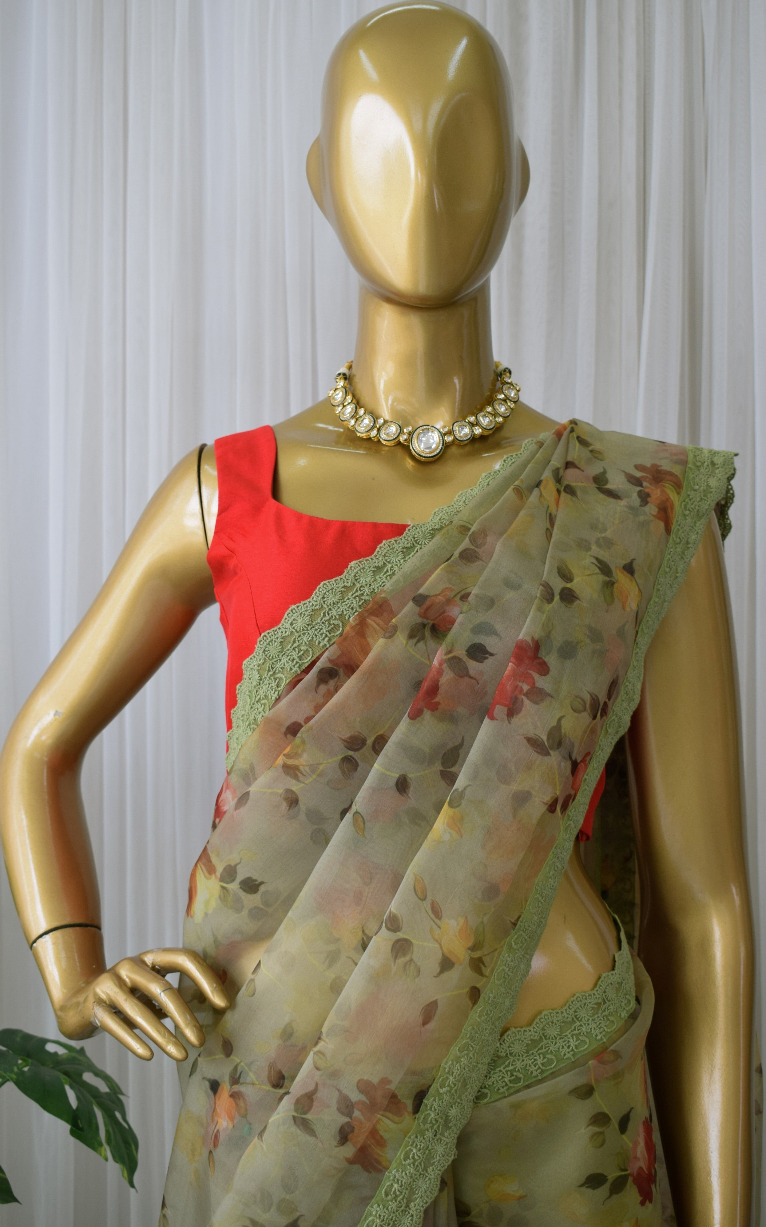 Moss Green Floral Organza Saree