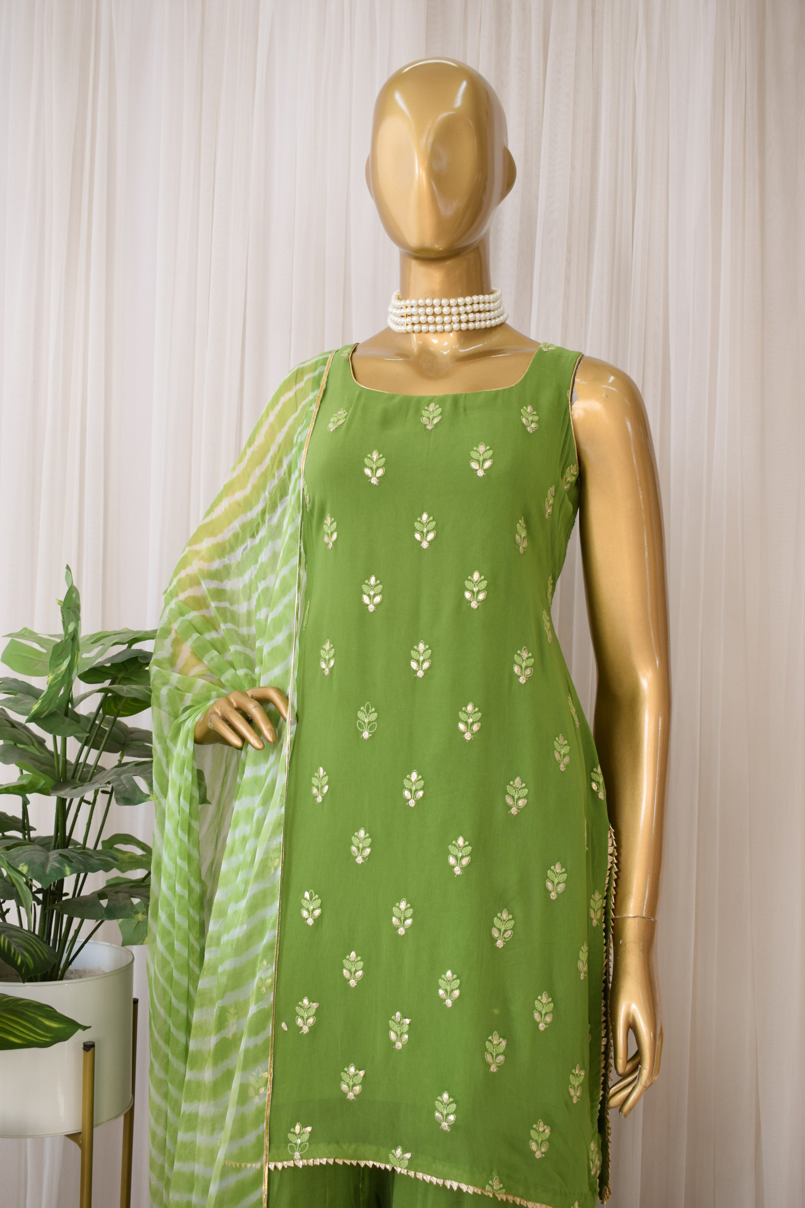 Arti Chauhan Henna Green Chikankari Sharara Set With Leheriya Dupatta
