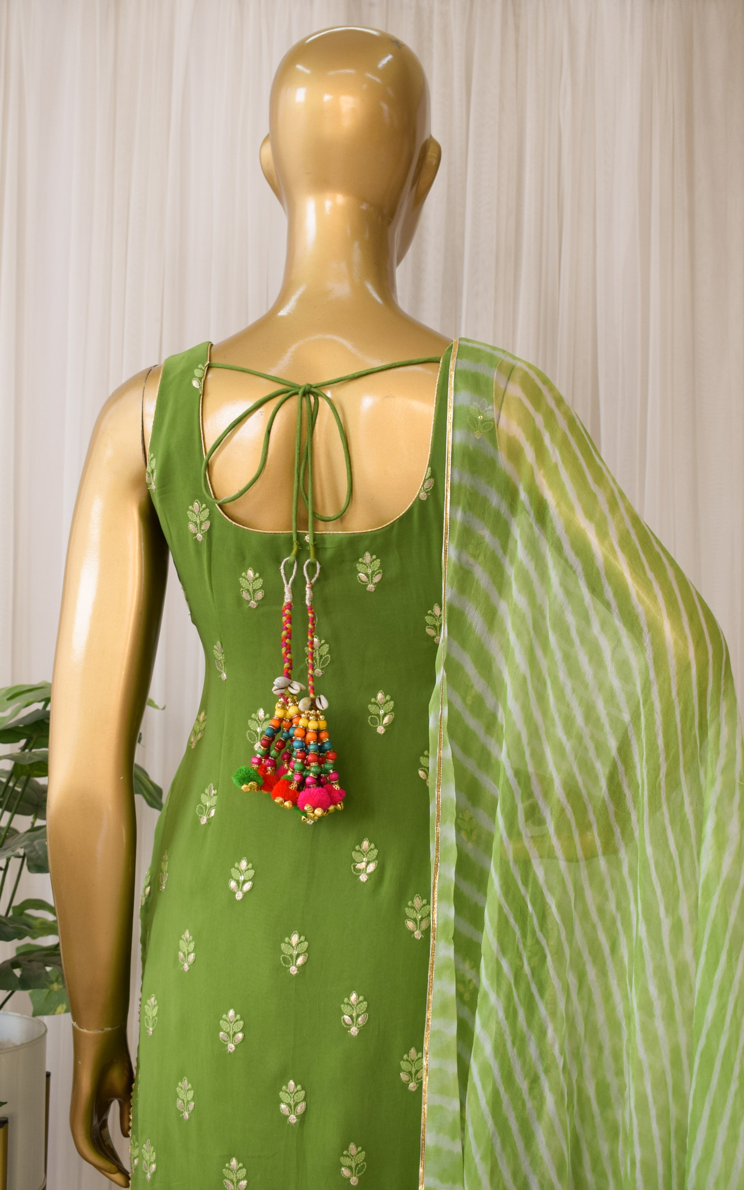 Arti Chauhan Henna Green Chikankari Sharara Set With Leheriya Dupatta