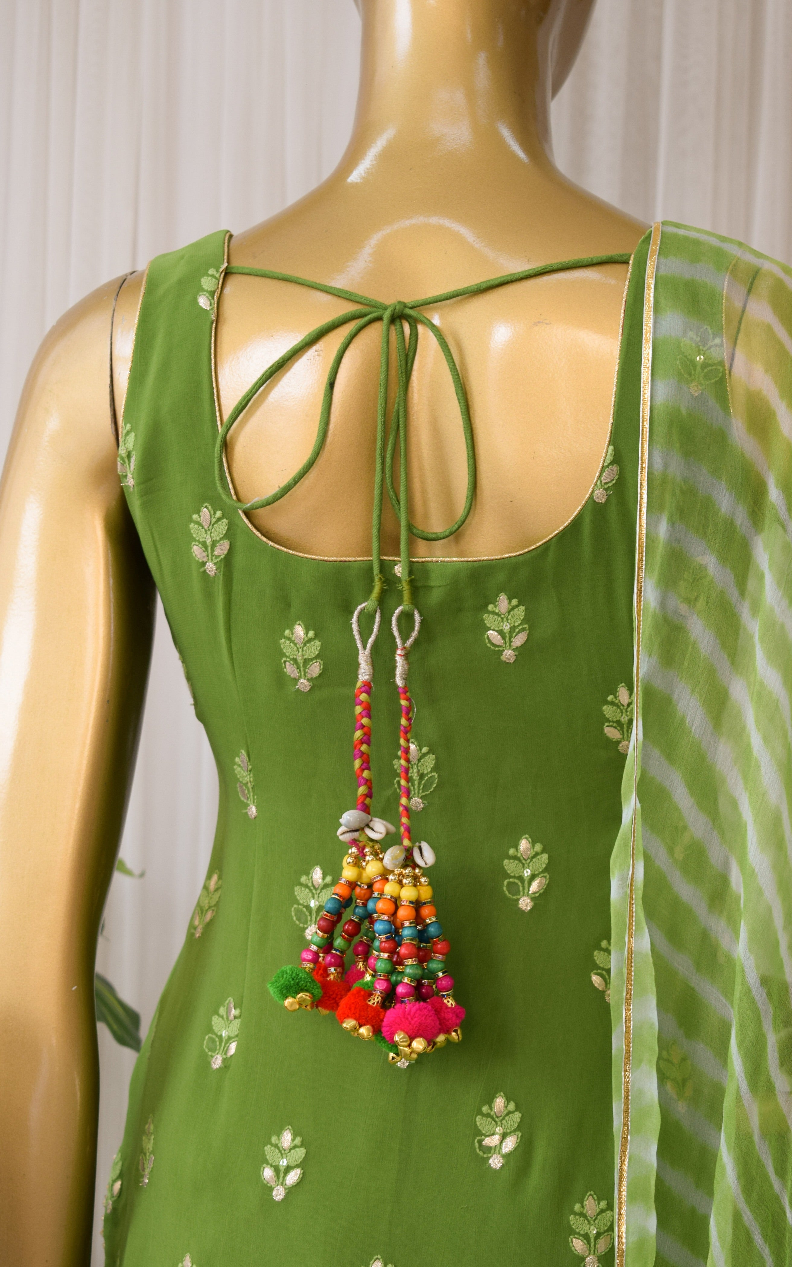 Arti Chauhan Henna Green Chikankari Sharara Set With Leheriya Dupatta