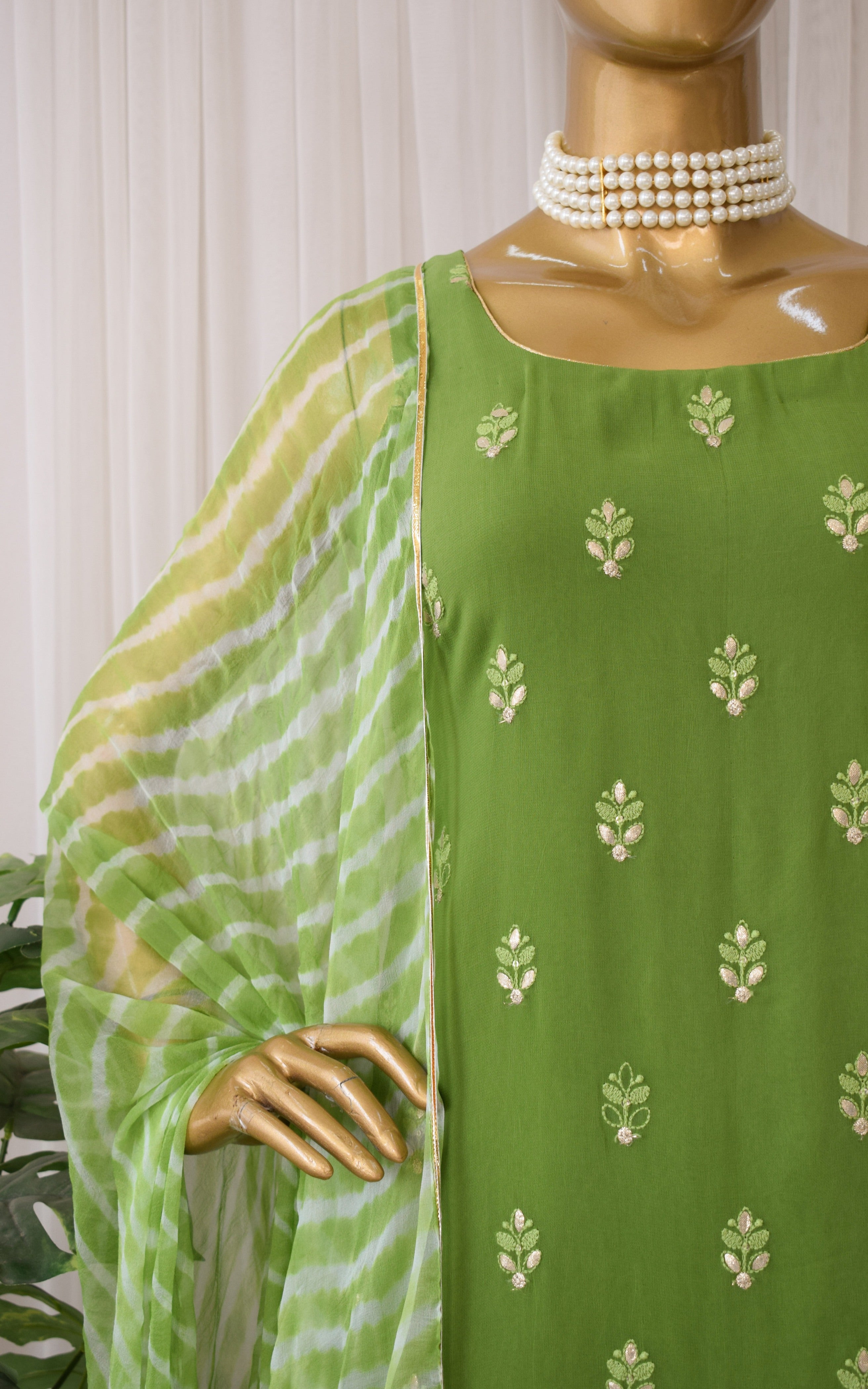 Arti Chauhan Henna Green Chikankari Sharara Set With Leheriya Dupatta