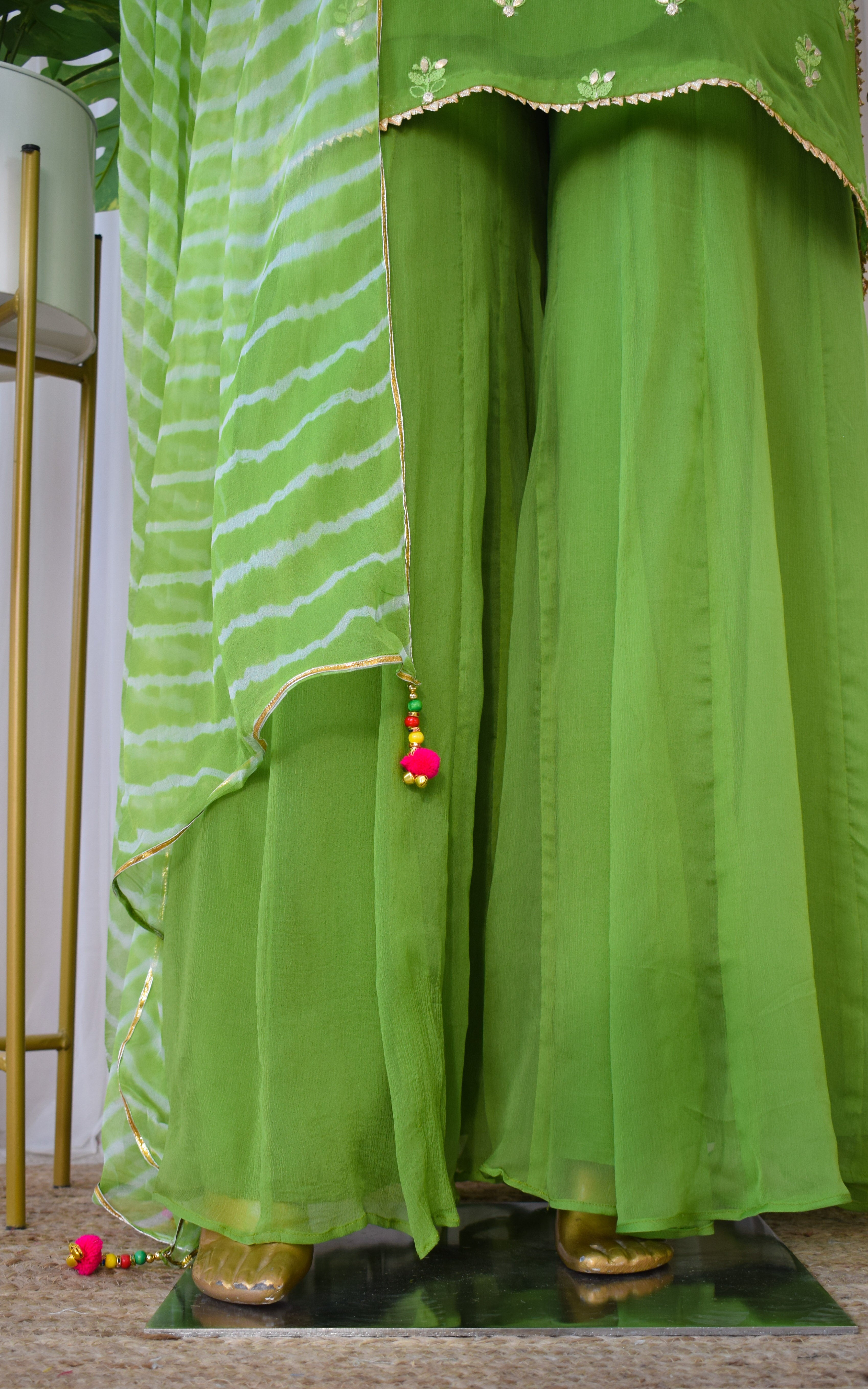 Arti Chauhan Henna Green Chikankari Sharara Set With Leheriya Dupatta